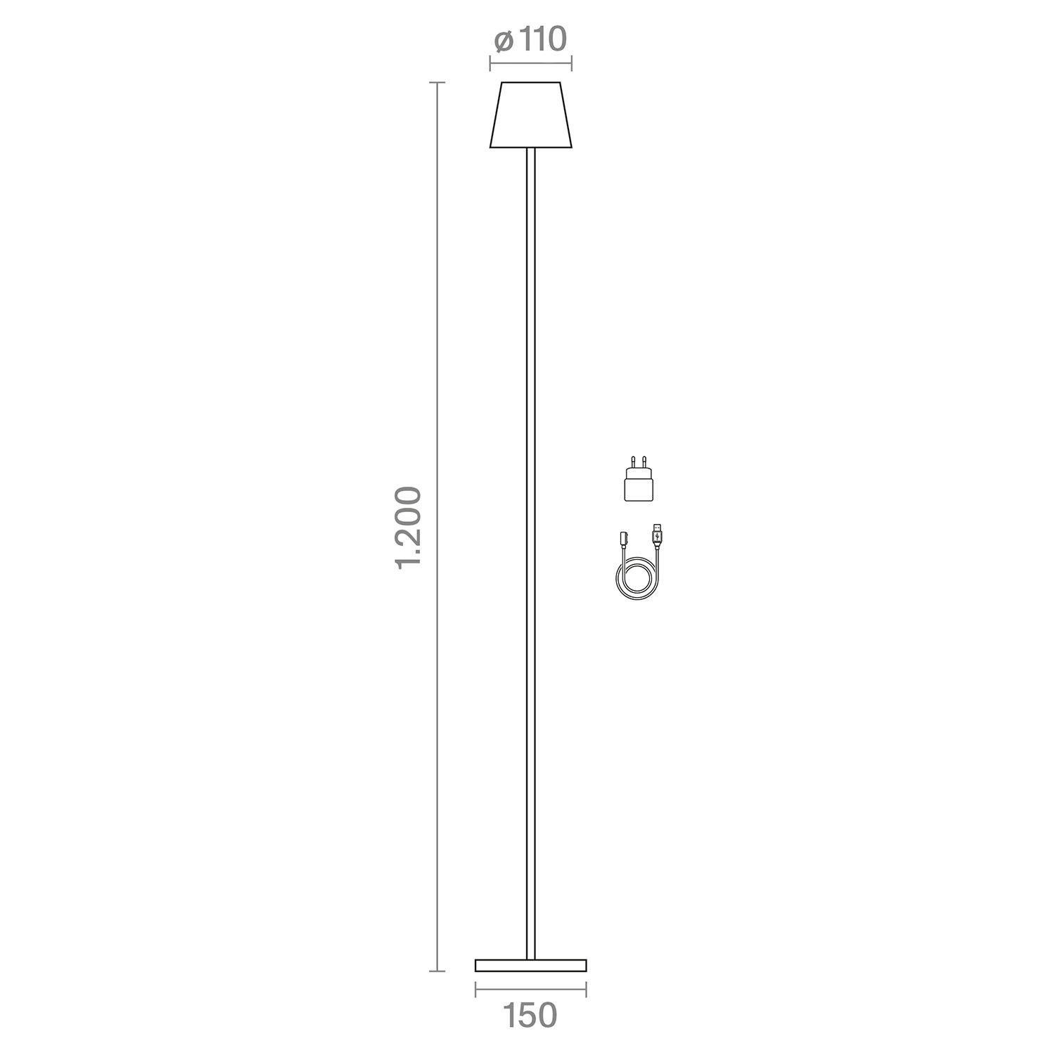 Eine Ständerlampe mit kegelförmigem Schirm und rundem Fuß. Maße: 1,2m hoch, 11cm breit, 15cm Fuß.