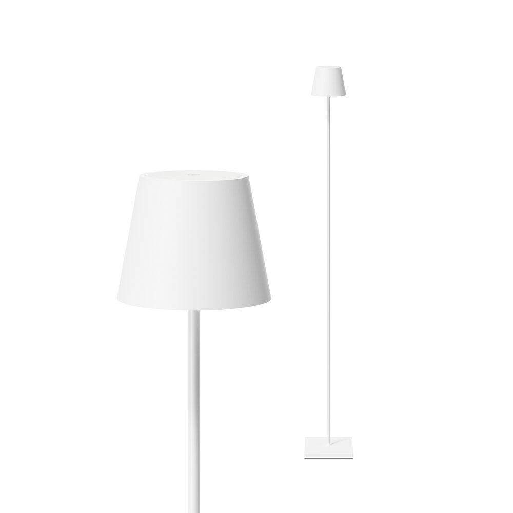 Zwei weiße Stehlampen mit schmalen Ständern und Lampenschirmen in einem klaren Design.