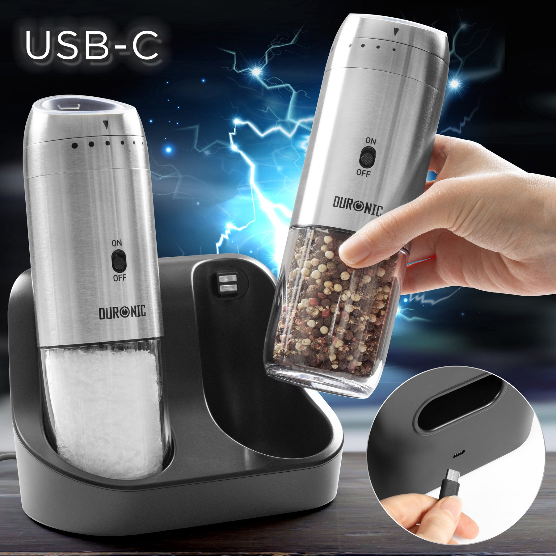 Edelstahl-Salz- und Pfeffermühle mit Ladestation, USB-C-Anschluss.