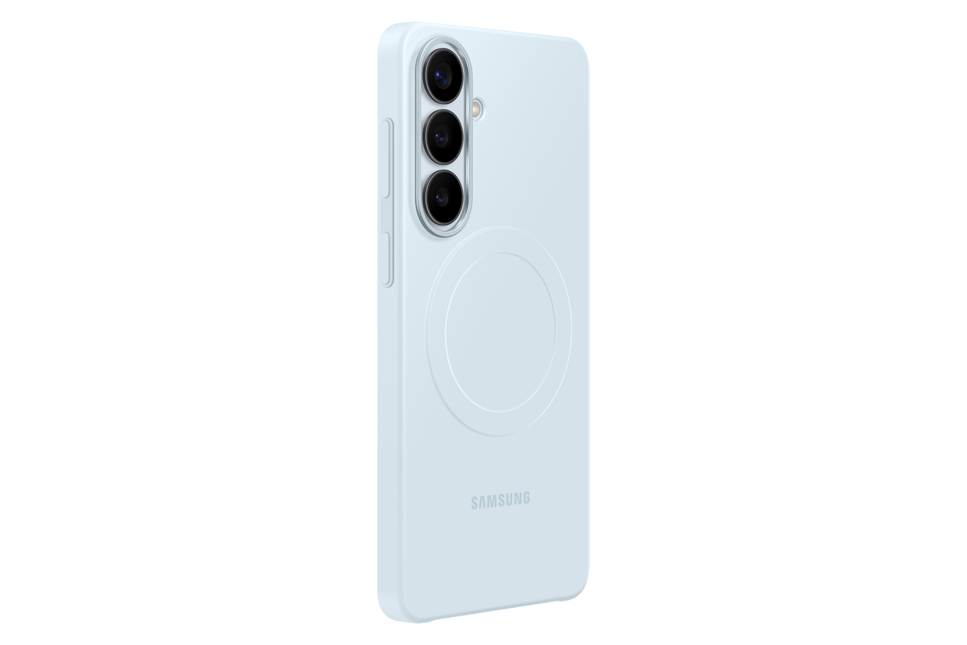 Teléfono azul claro con tres cámaras y logo de Samsung.