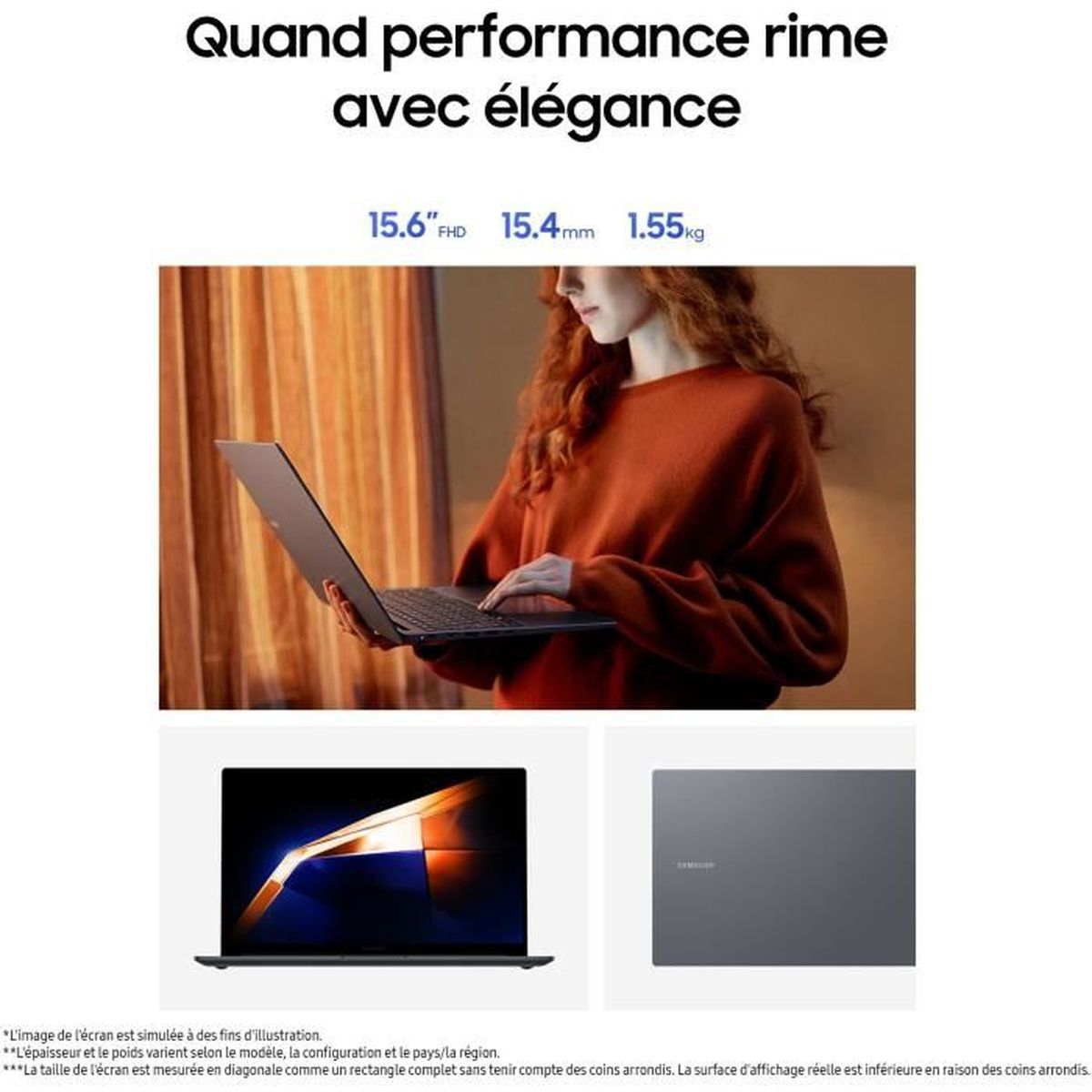 A woman with red hair uses a sleek laptop. Details: 15.6-inch, 15.4mm, 1.55kg.
