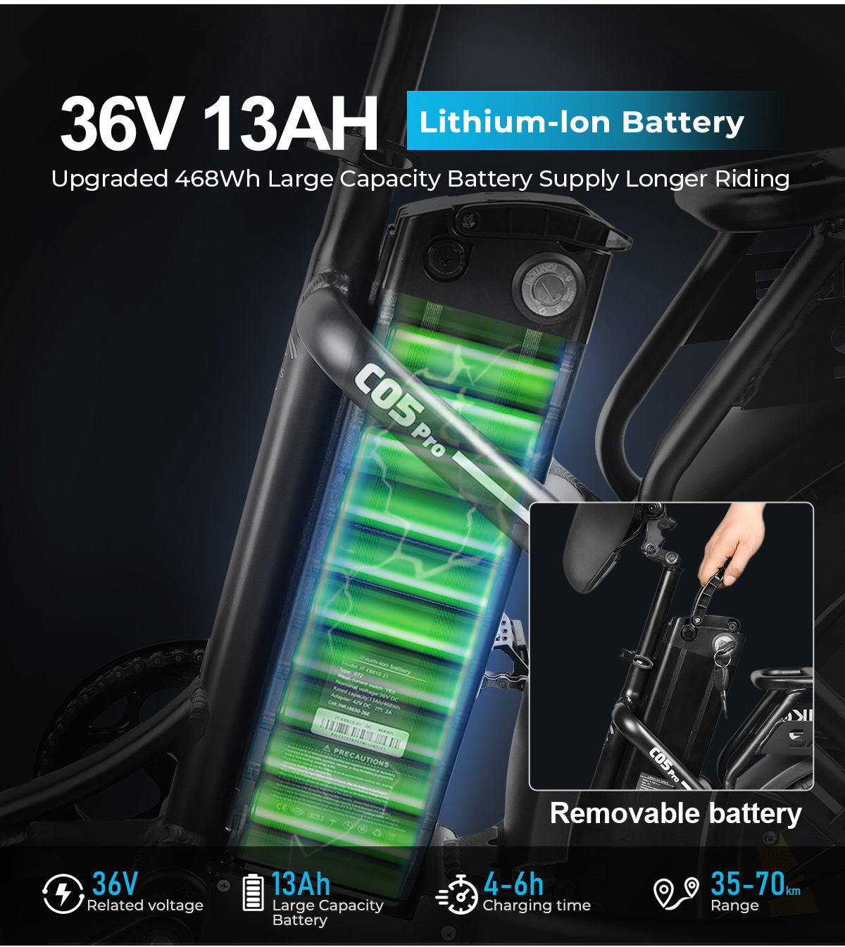 Bateria litowo-jonowa 36V 13Ah do e-bike, 468Wh, zasięg 35-70km.