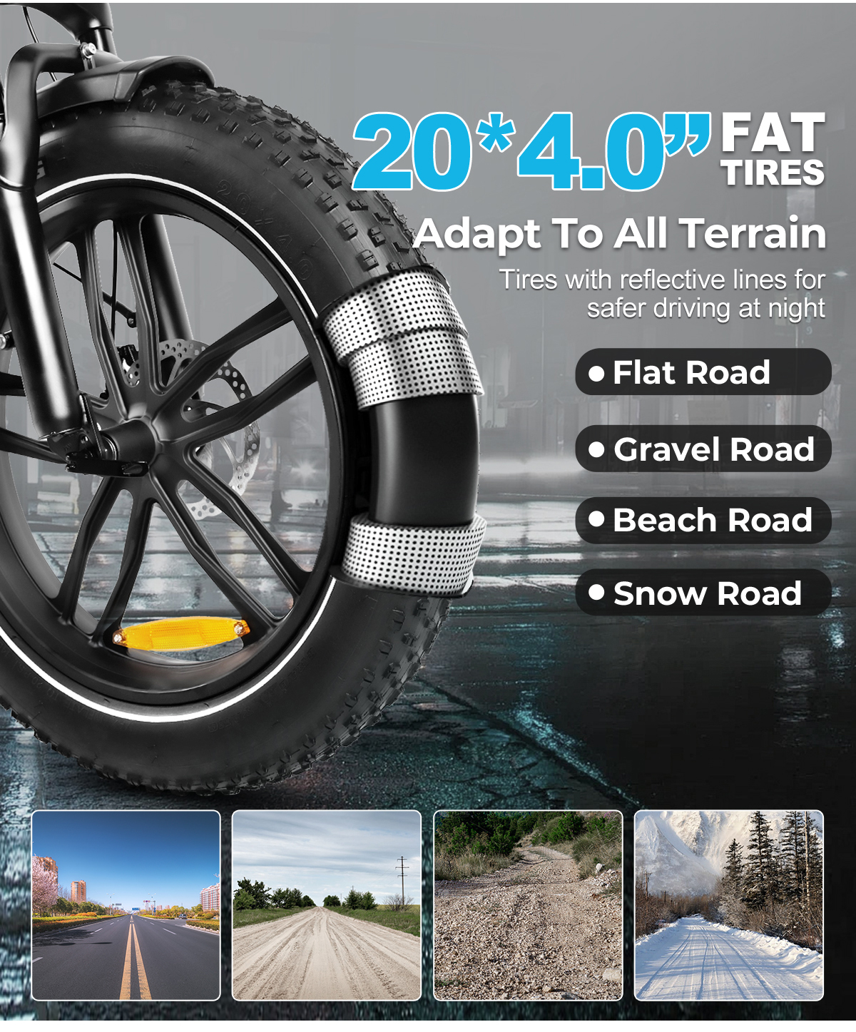 Zbliżenie opony rowerowej z paskami odblaskowymi, reklamującej "20*4.0" FAT TIRES" na każdy teren.