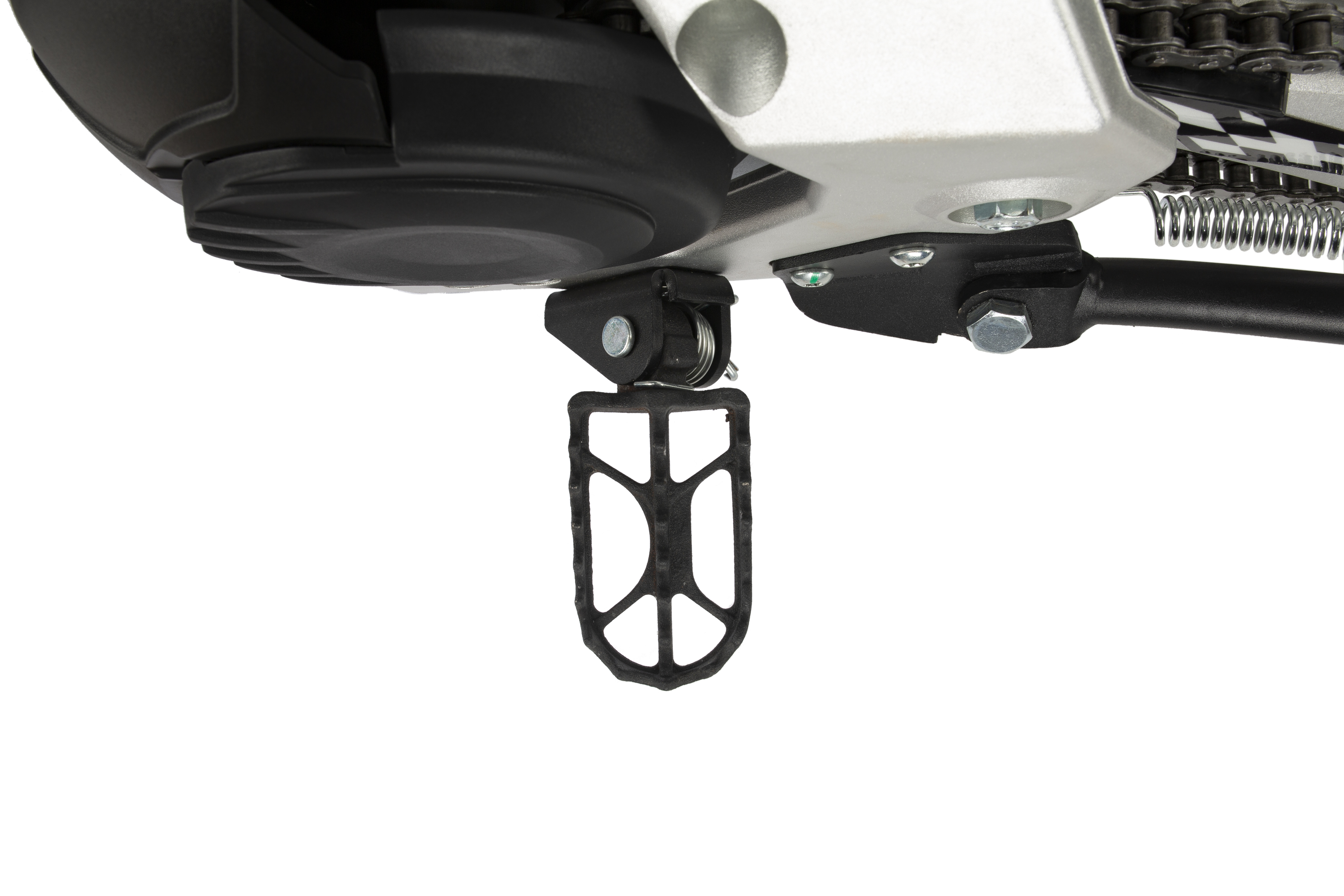 Motorradfußraste aus schwarzem Metall mit Gittermuster, detailliert.