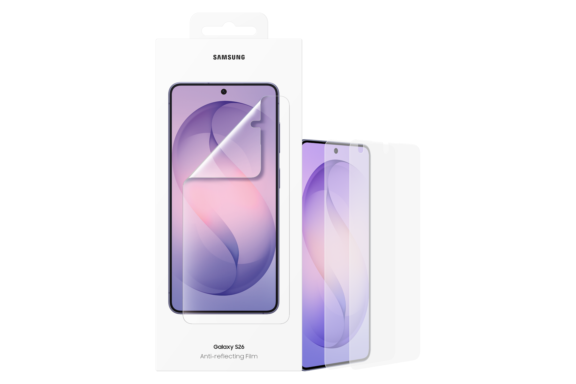 Samsung Galaxy S26 Anti-Reflexionsfolie in Verpackung mit Handy-Display-Abbildung.