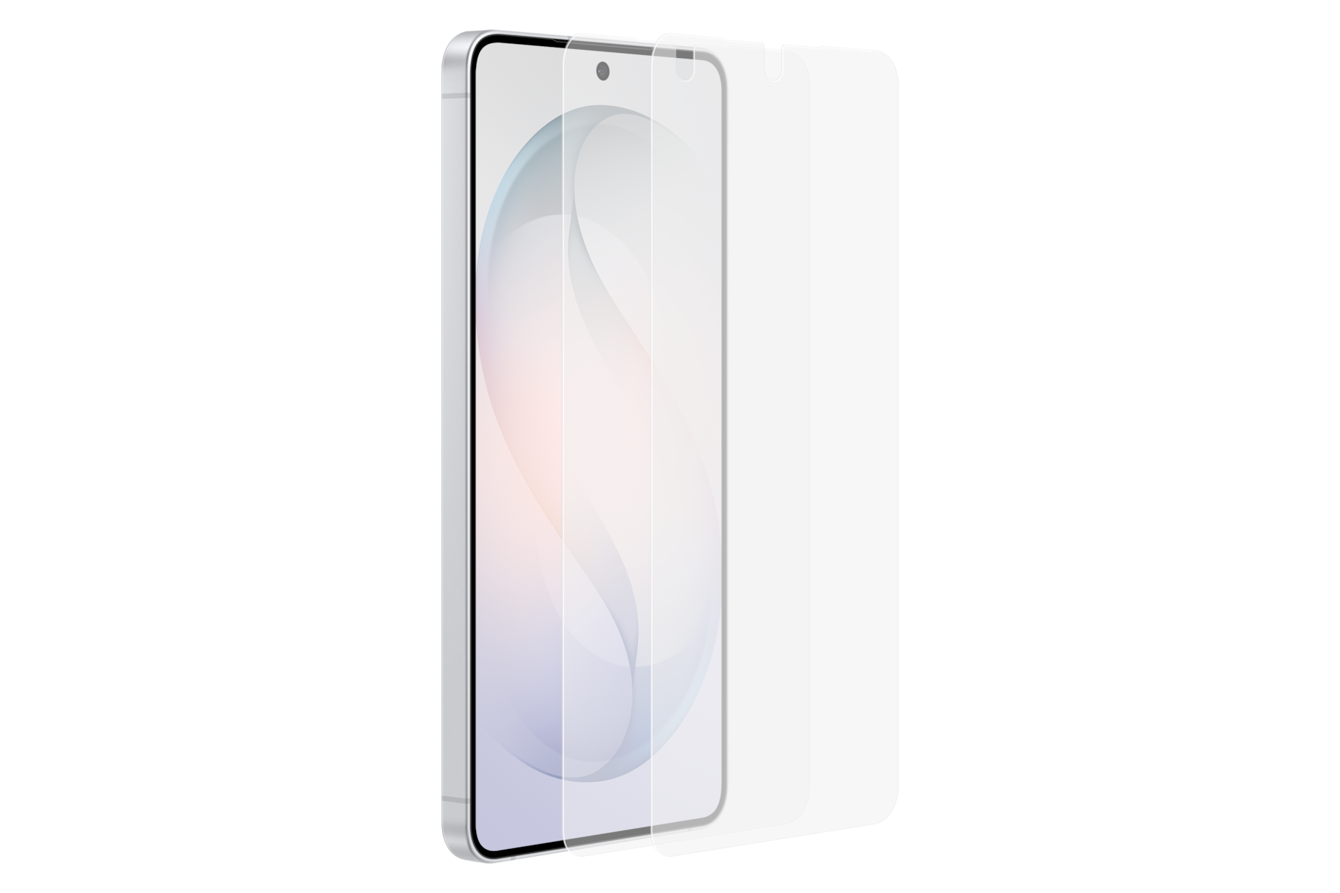 Een zilveren smartphone met een schermprotector. Zwarte achtergrond.