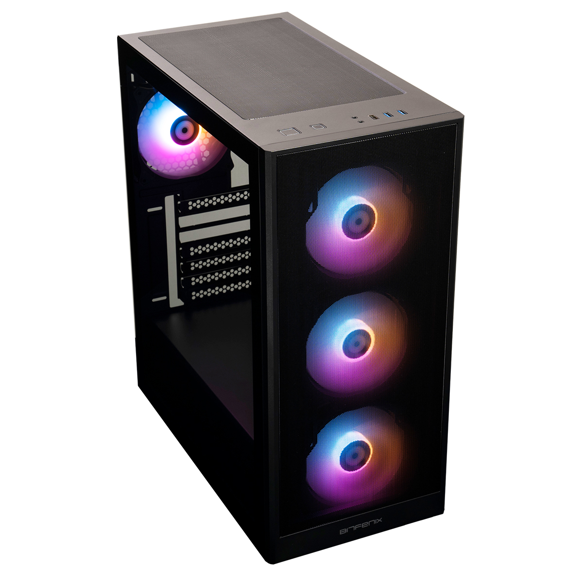 Işıklı RGB fanlara sahip siyah bilgisayar kasası.