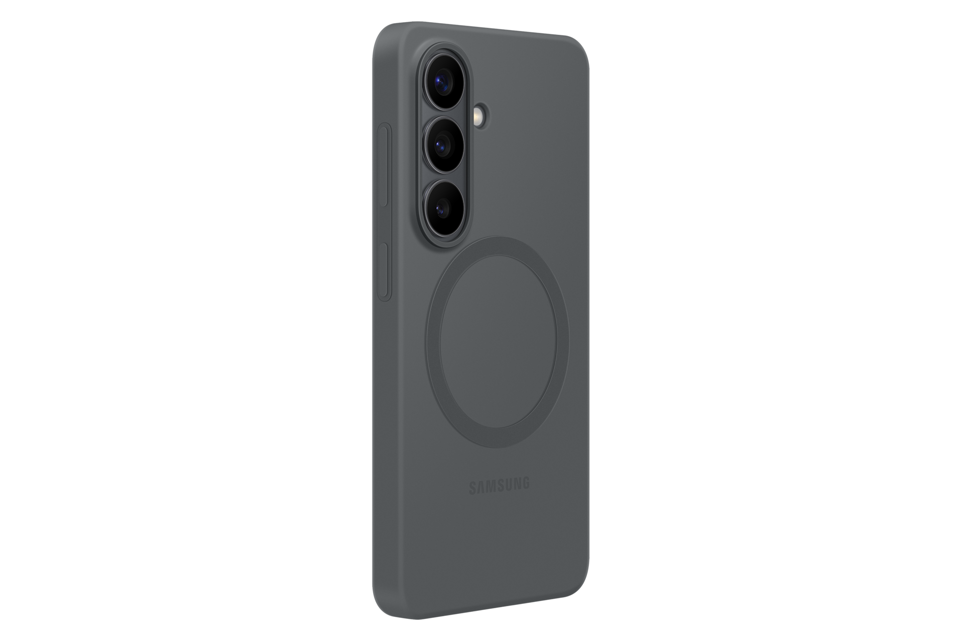 Custodia grigia per telefono con tre fotocamere e anello magnetico.