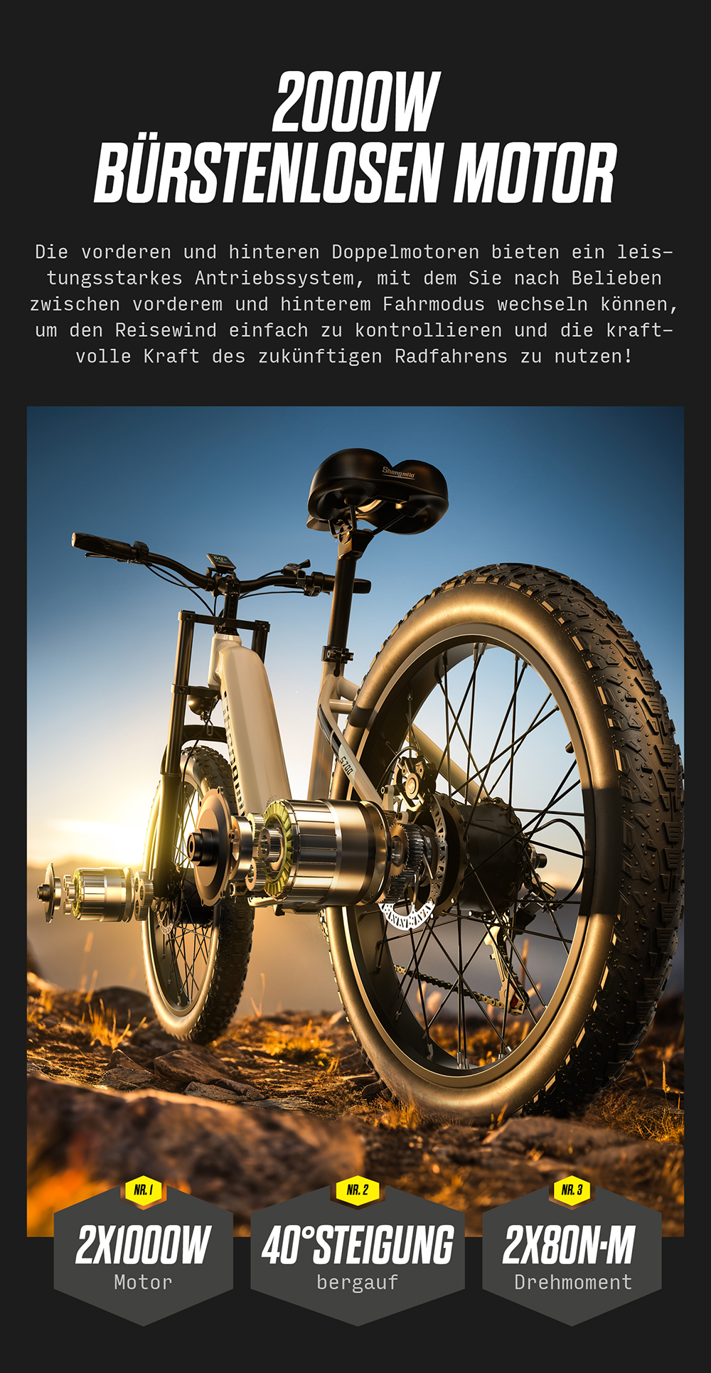 Ein weißes E-Bike mit fetten Reifen steht auf felsigem Boden.