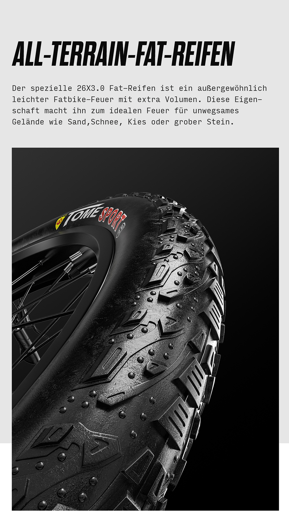 Nahaufnahme eines schwarzen Fatbike-Reifens mit aggressivem Profil und Schriftzug.