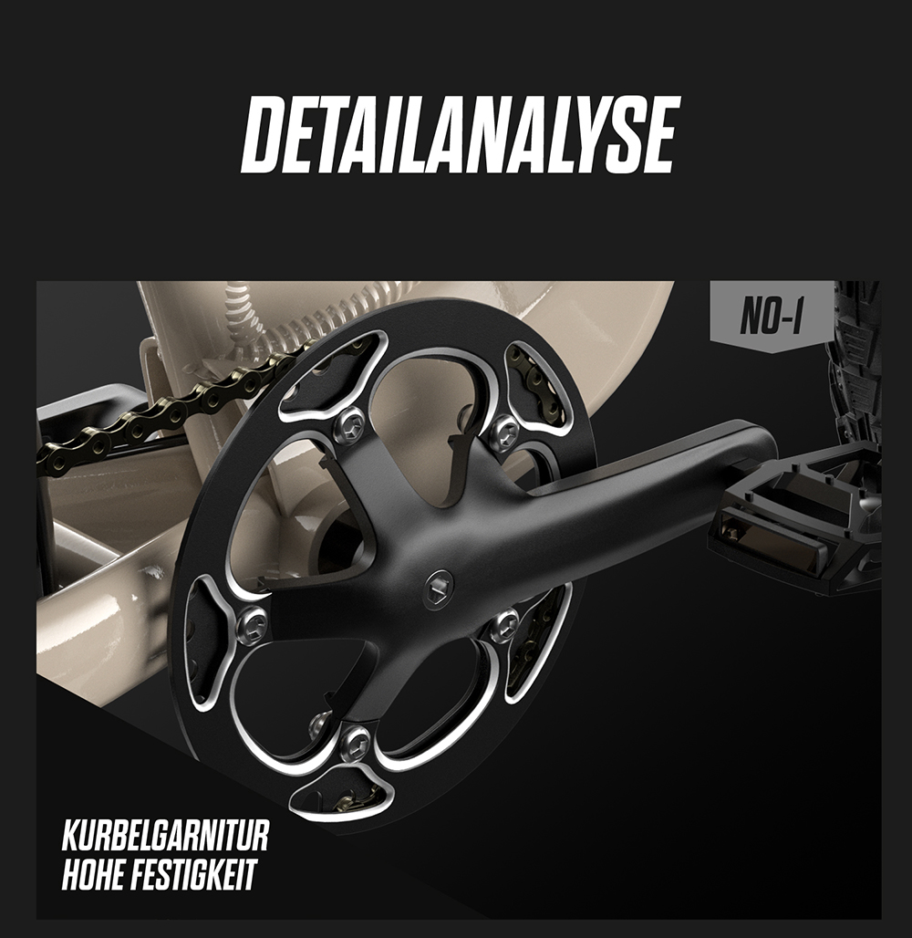 Nahaufnahme einer schwarzen Fahrradkurbel mit Kette und Pedalen auf dunklem Hintergrund.