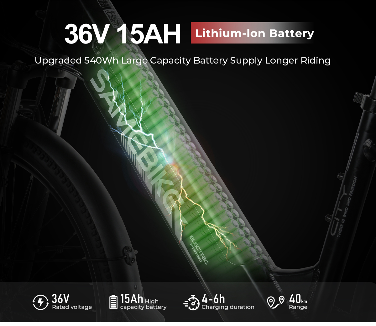 Bateria e-bike: 36V, 15Ah, 540Wh, zasięg 40km. Ładowanie 4-6h.