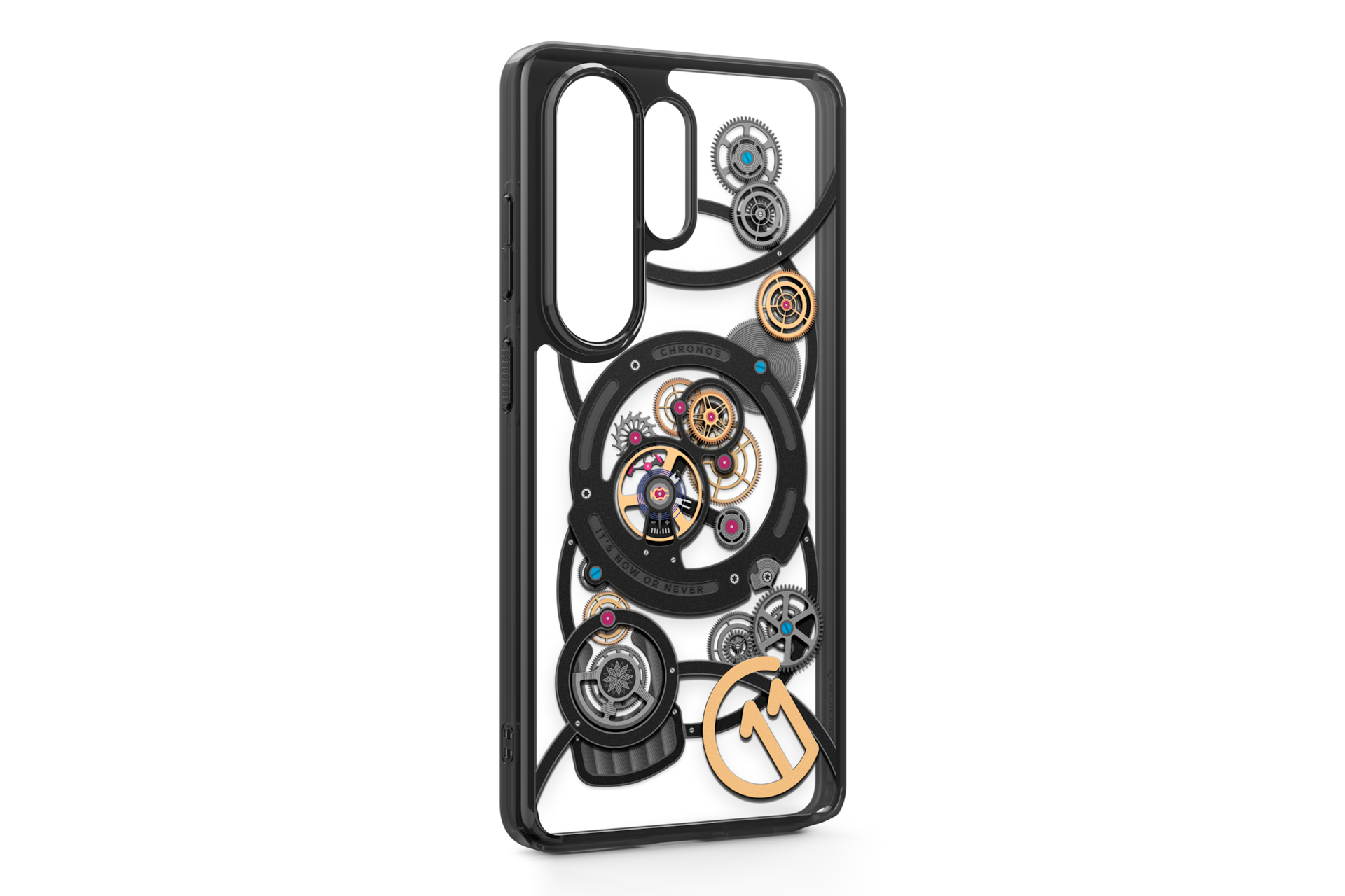 Schwarze Handyhülle mit detailliertem mechanischem Uhrwerk-Design, Zahnrädern und Goldakzenten.
