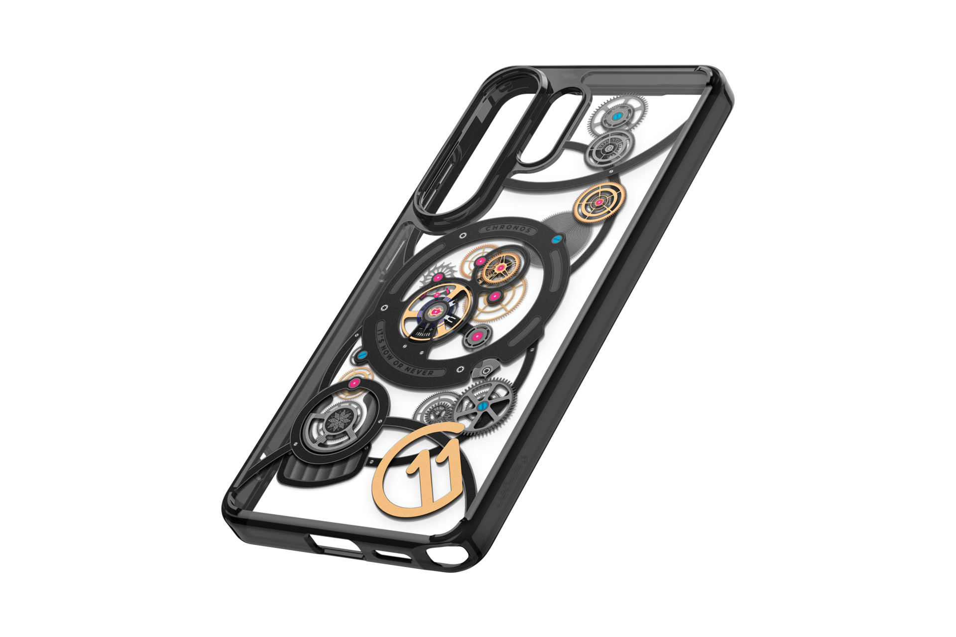 Schwarze Handyhülle mit detailliertem Zahnrad-Design und goldener 11.