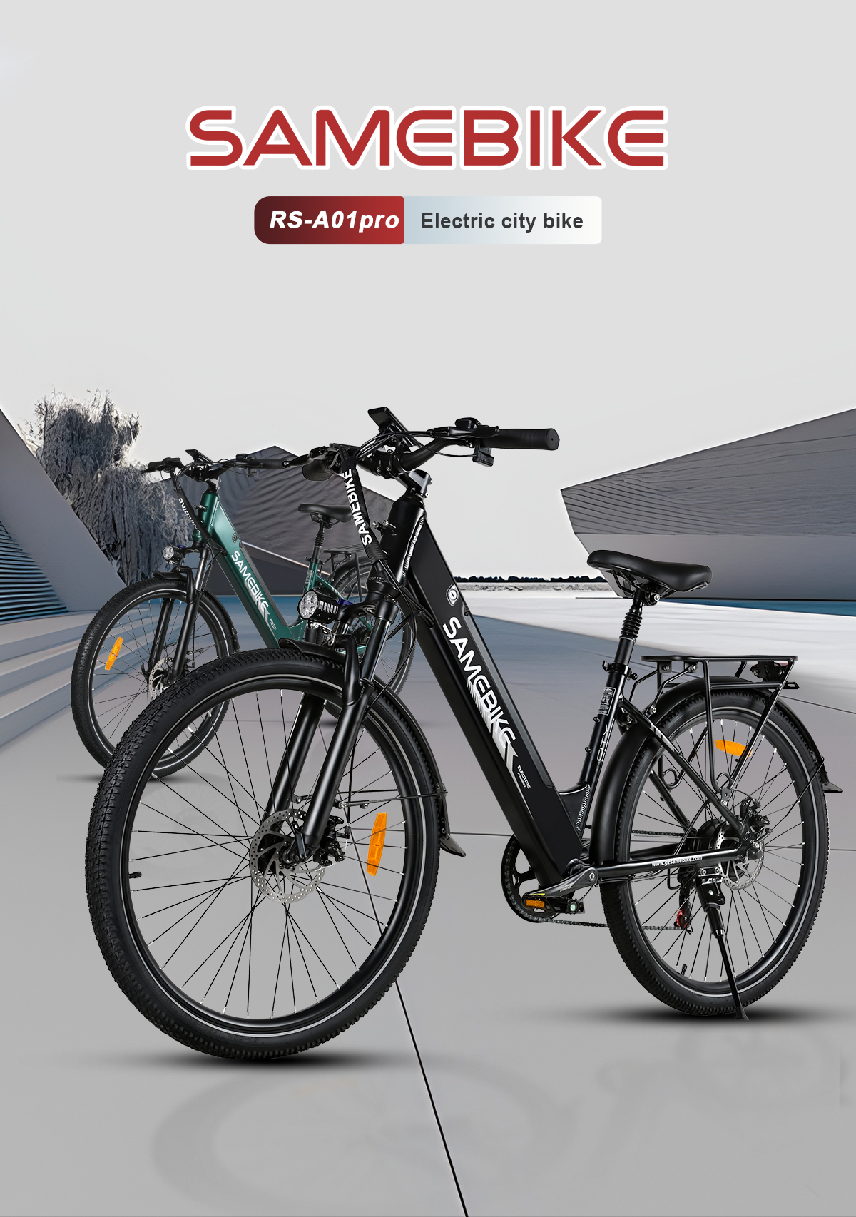 Dwa rowery miejskie elektryczne SAMEBIKE, jeden czarny, jeden zielony. Przód: czarne koło.