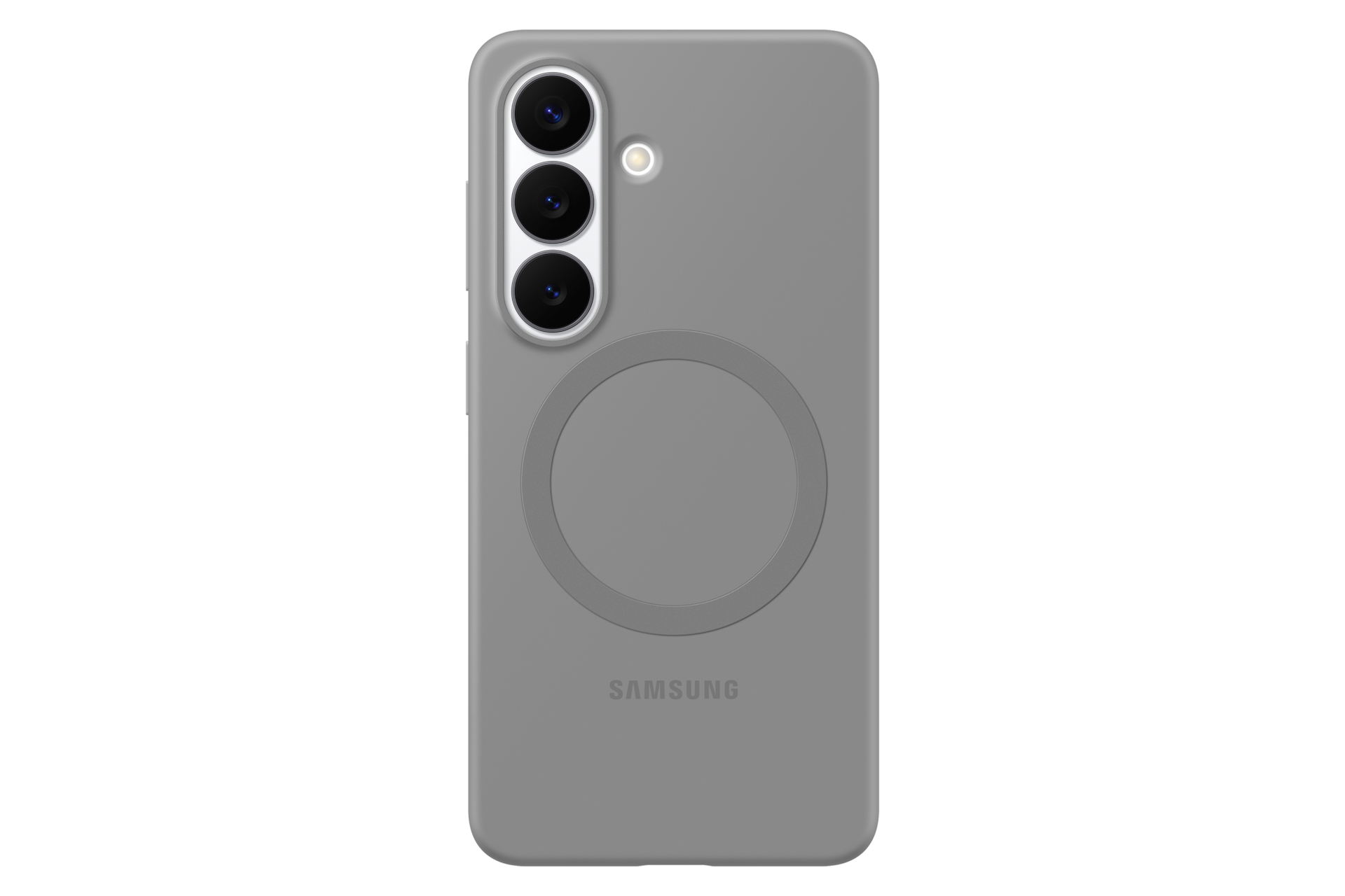 Funda de teléfono gris con tres lentes de cámara y un anillo magnético.