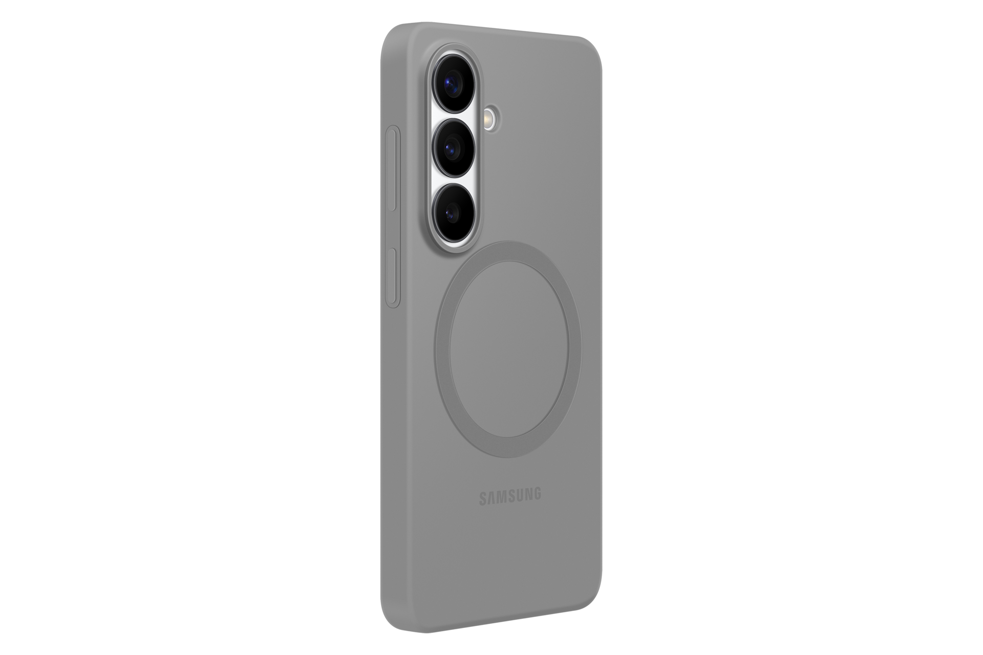 Funda gris para teléfono con tres lentes de cámara y un anillo magnético.