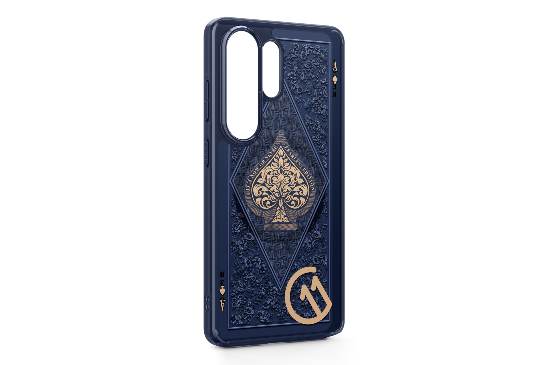 Dunkelblaue Handyhülle mit einem Spielkartensymbol und floralem Muster.