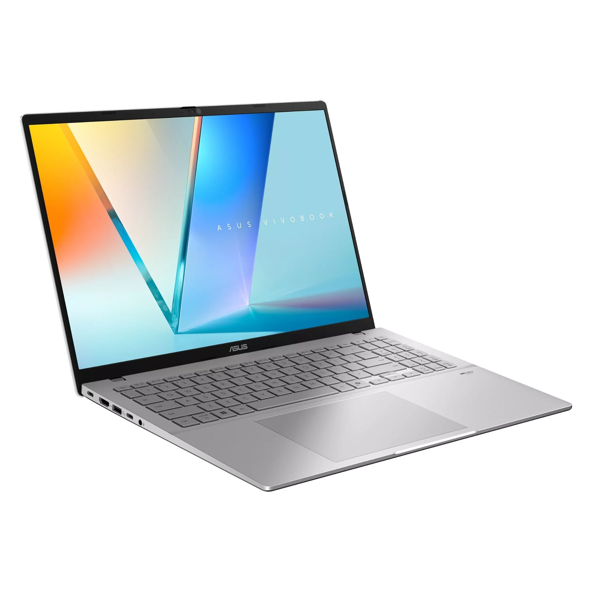 Gümüş renkli Asus Vivobook dizüstü bilgisayar açık, klavyesi ve ekranı görünüyor.