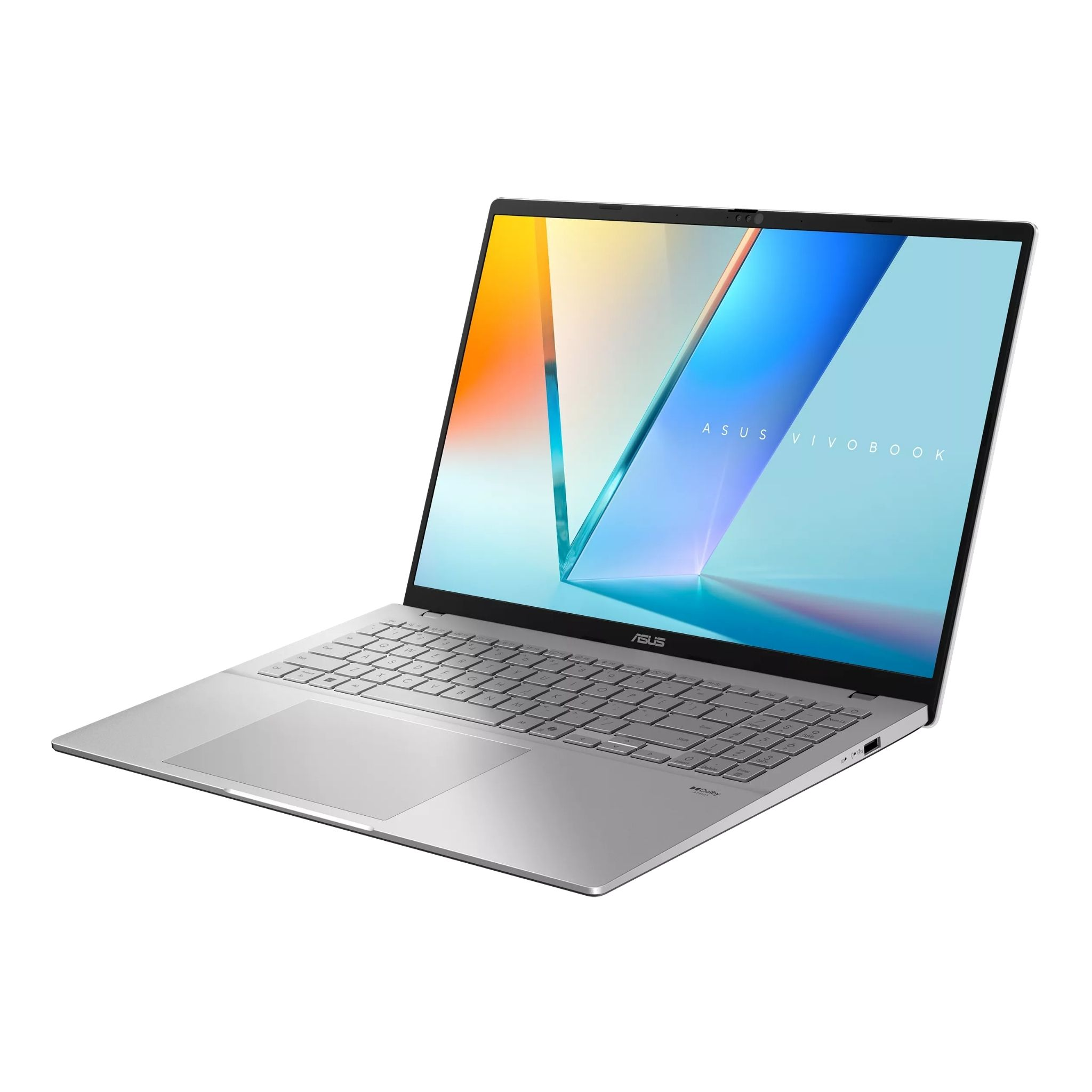 Gümüş renkli ASUS VivoBook dizüstü bilgisayar, aydınlık ekranı ve klavyesi.