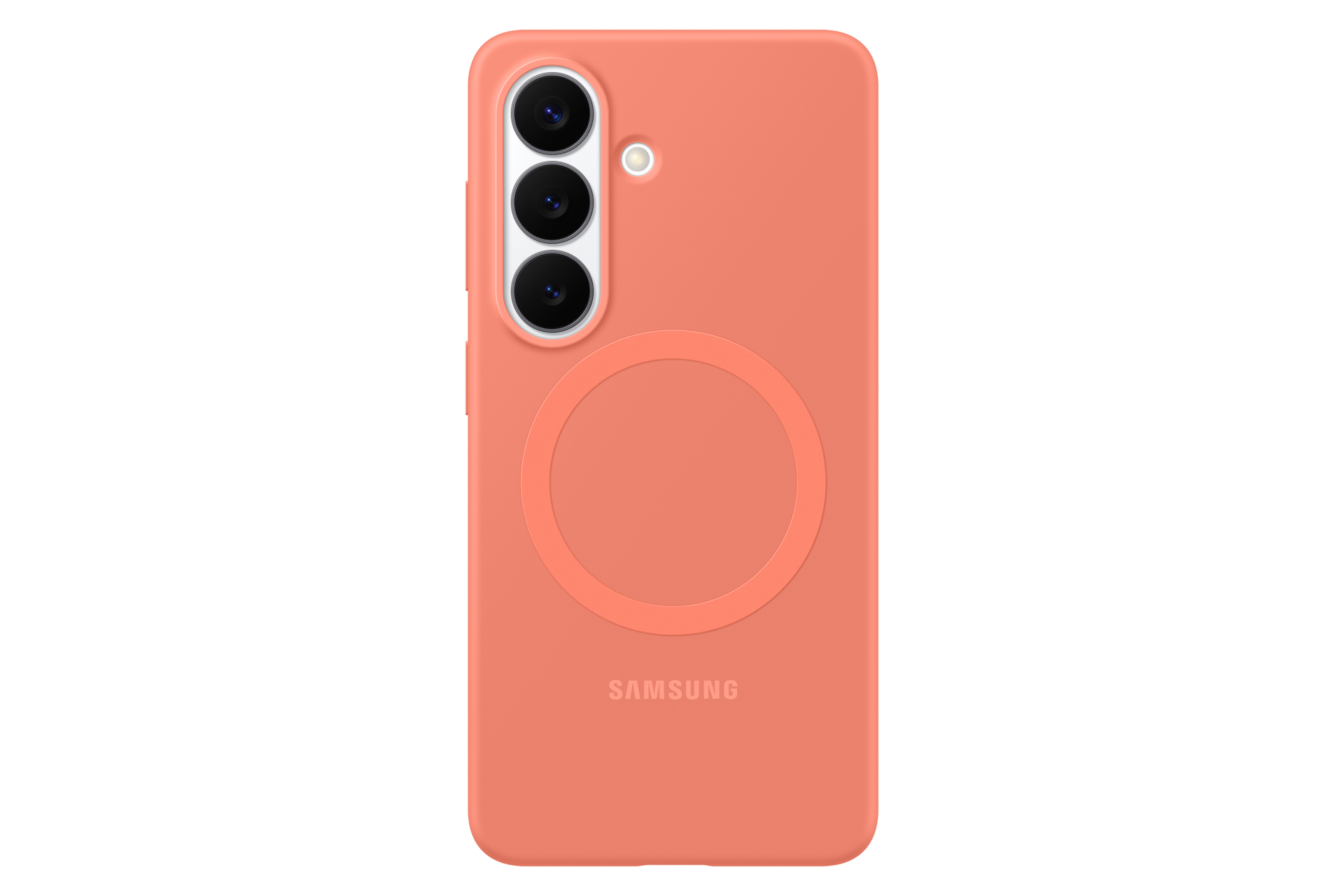 Funda de teléfono coral con tres cámaras y logo de Samsung.