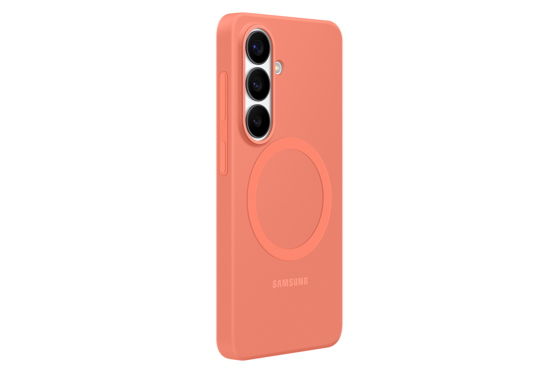 Funda coral con tres lentes de cámara, un círculo y logo Samsung.