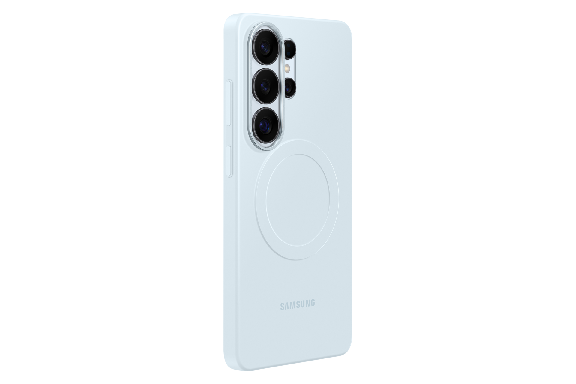 Ein hellblaues Handy-Case mit Kameras und einem Kreis auf der Rückseite.