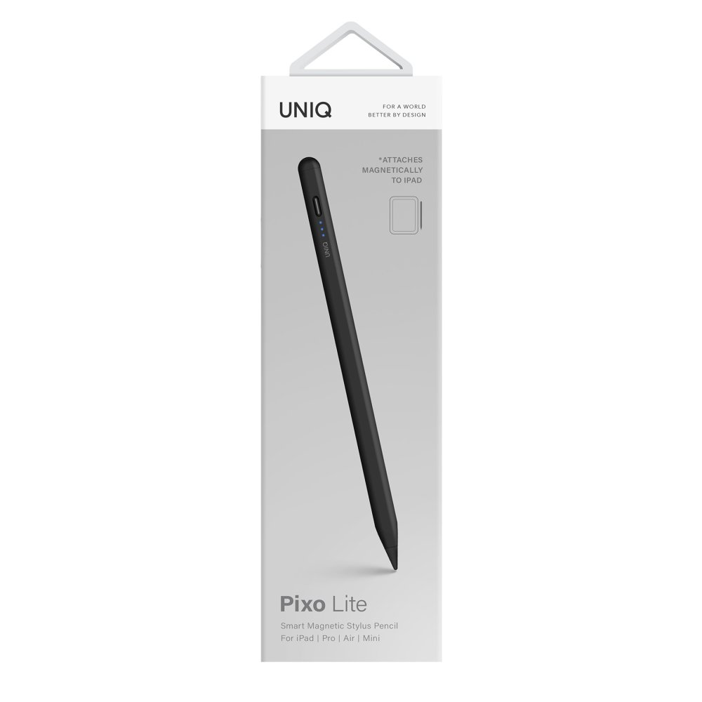 Confezione di uno stilo UNIQ Pixo Lite nero che si aggancia magneticamente agli iPad.