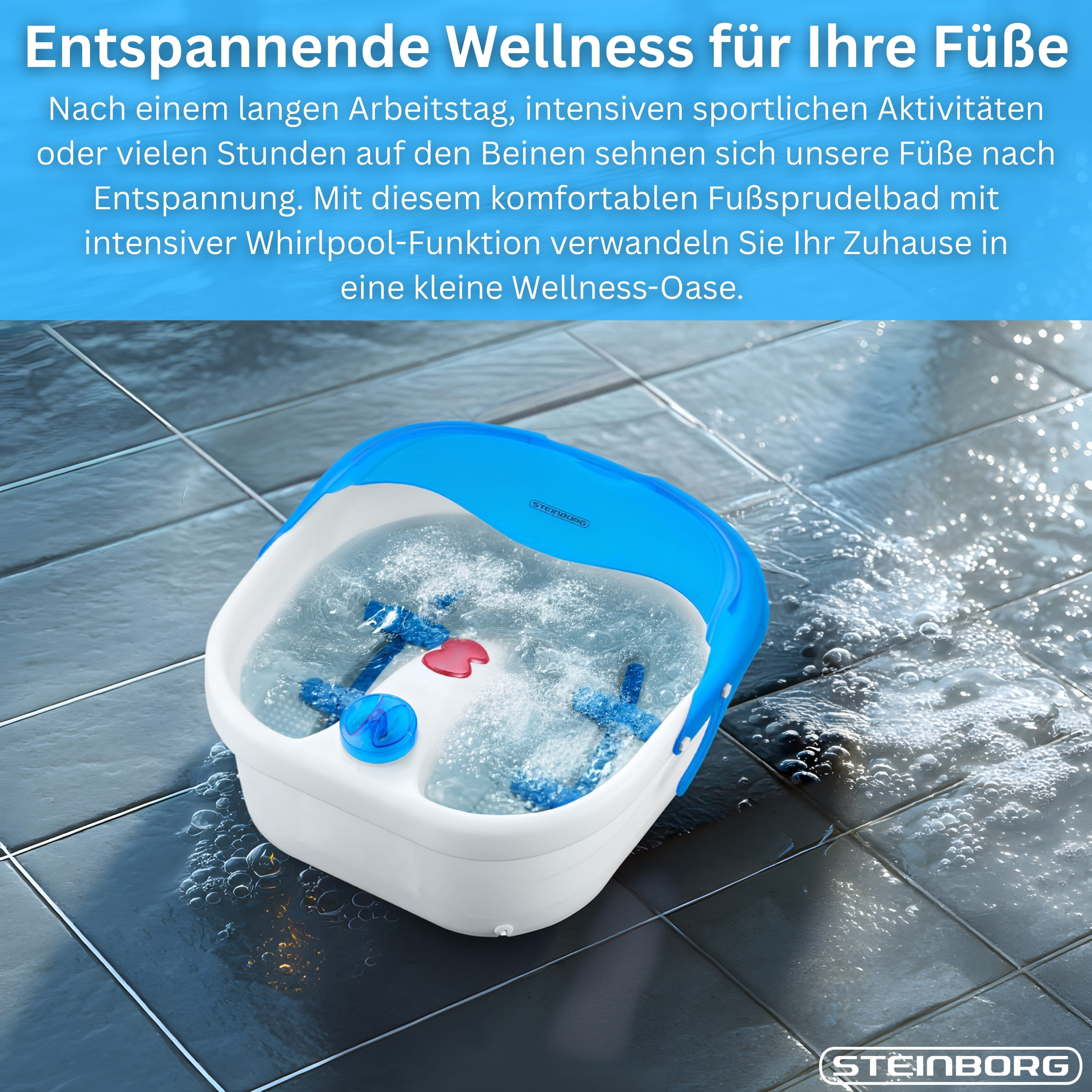 Ein blau-weißer Fußsprudler mit Wasser auf einer gefliesten Oberfläche.