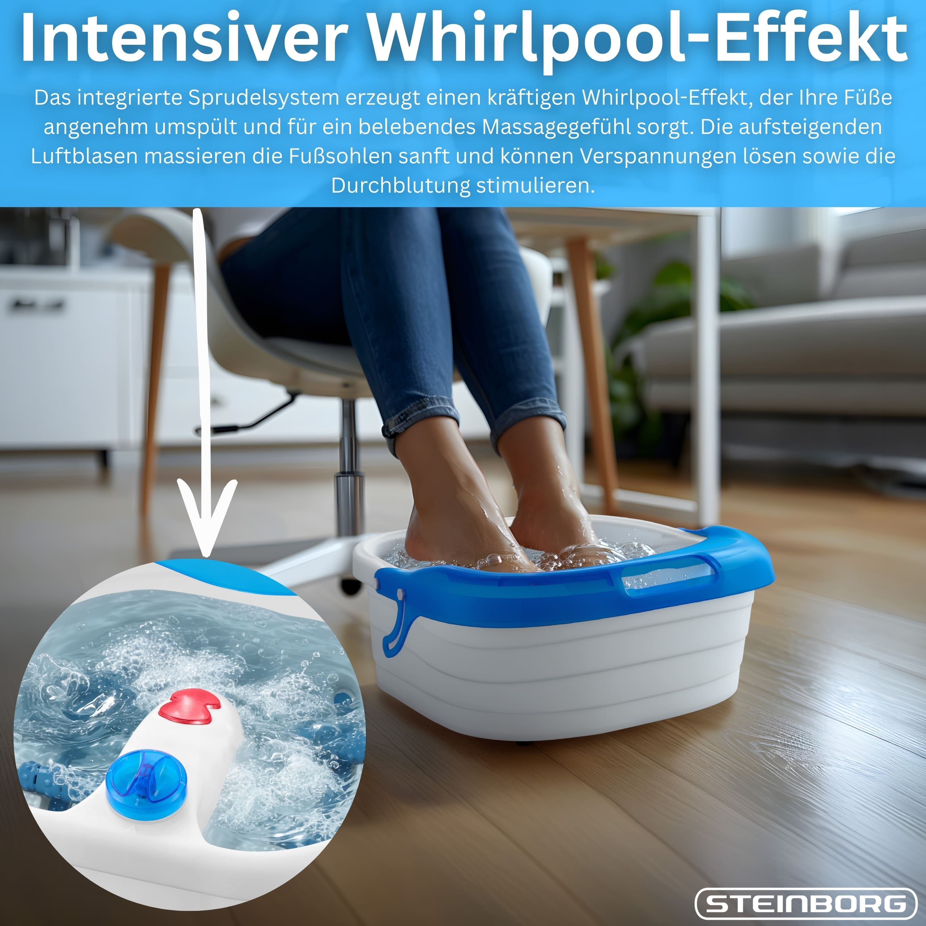 Füße in einem sprudelnden Fußbad mit Whirlpool-Effekt.