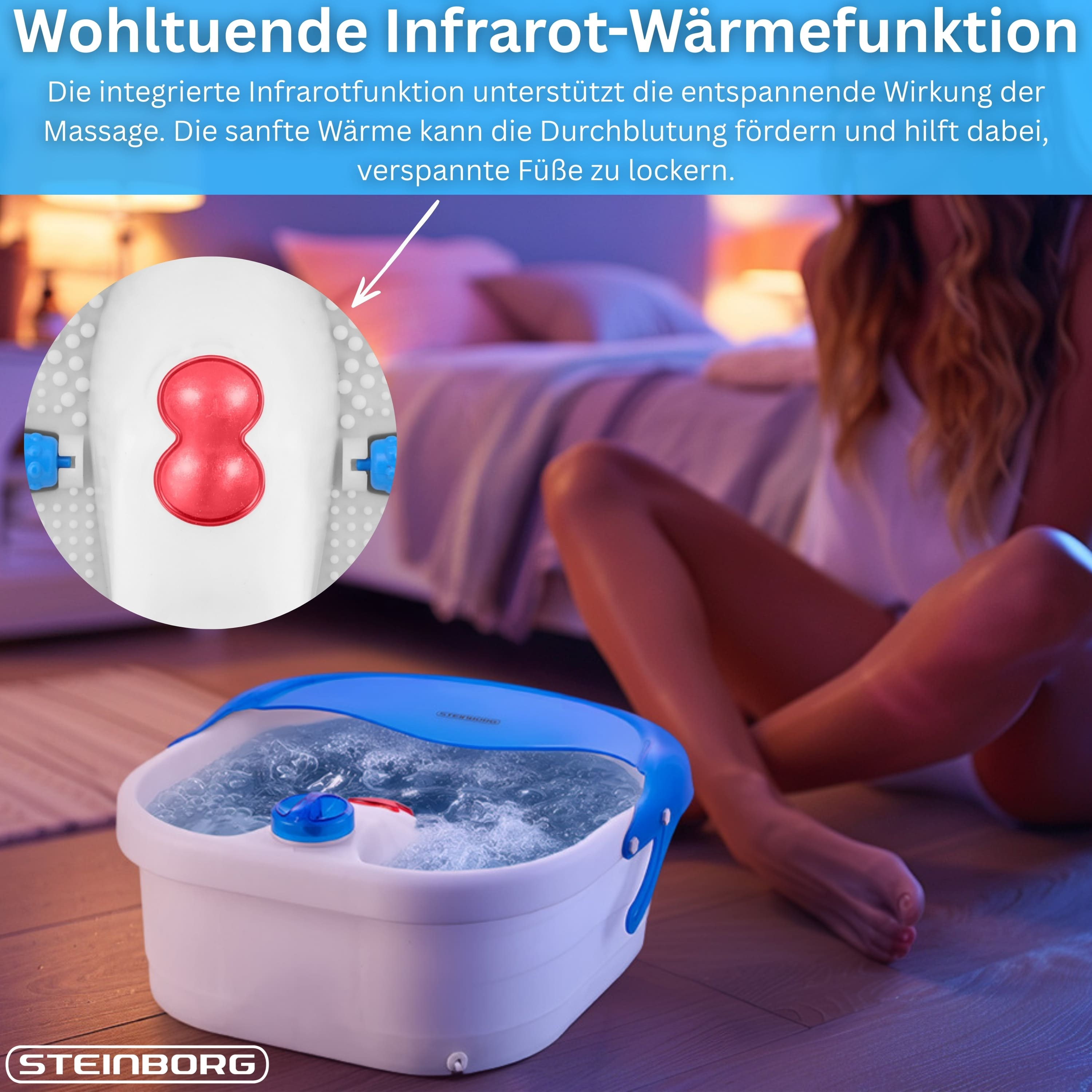 Ein aufblasbarer Fußsprudel mit Massageaufsatz und blauer Abdeckung.