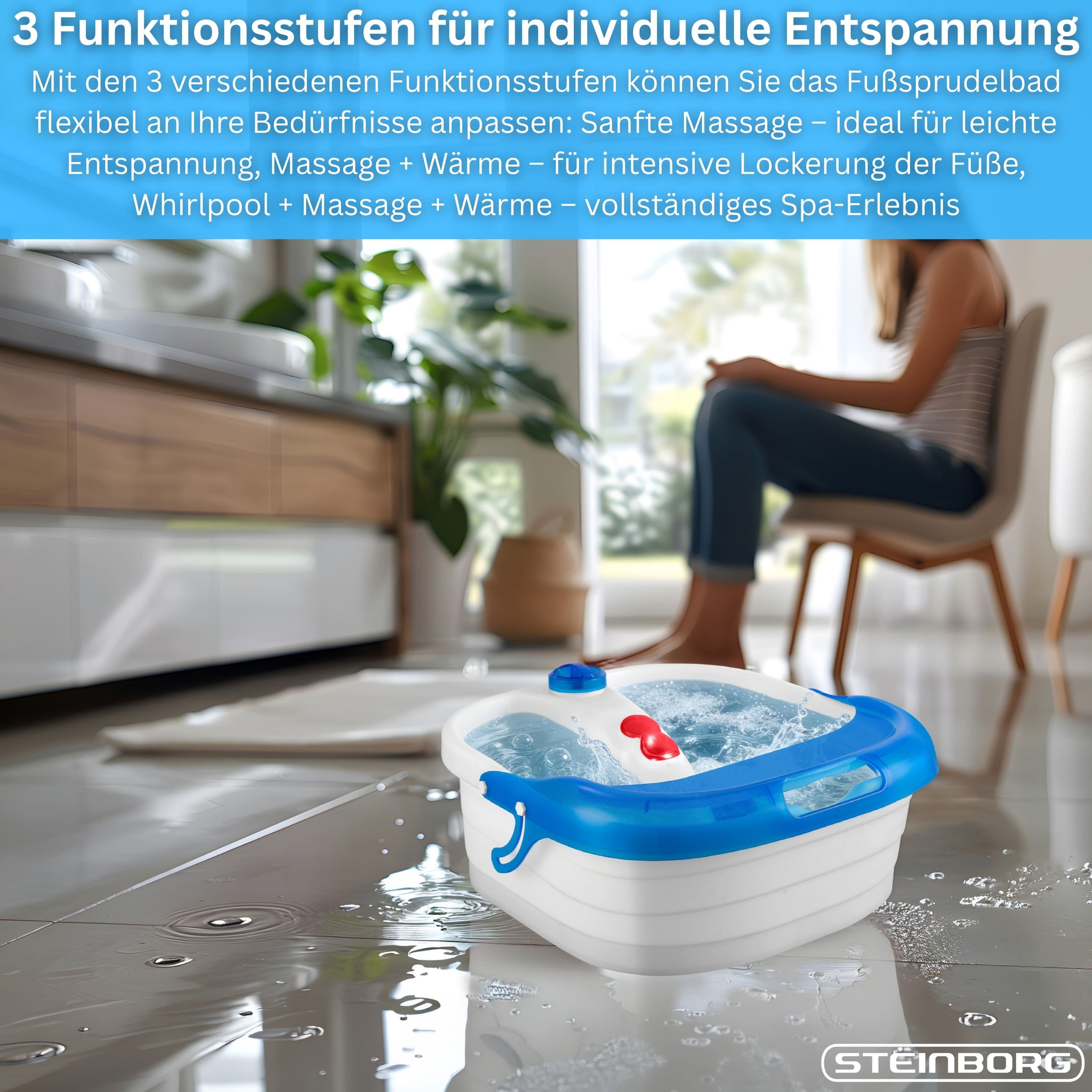 Ein aufblasbares Fußsprudelbad mit blauem Rand auf einem nassen Boden.