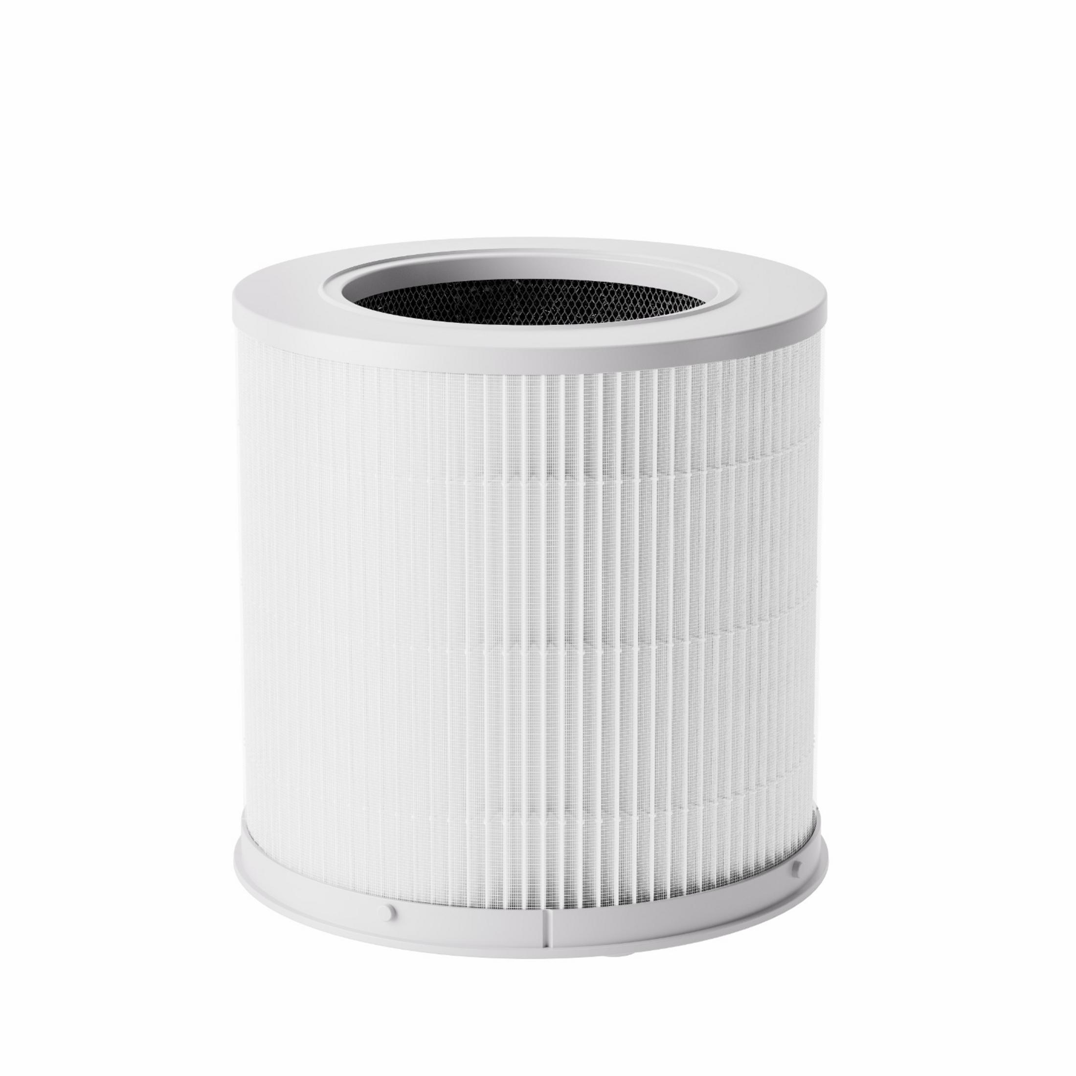 A white cylindrical air filter with pleats and a black mesh top.