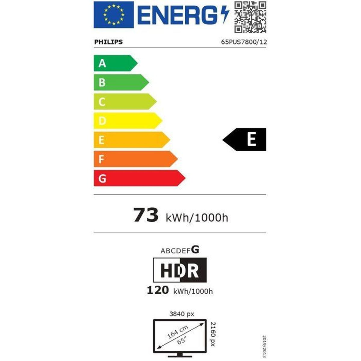 Energie-etiket met A-G schaal, energieklasse E, 73 kWh/1000h.