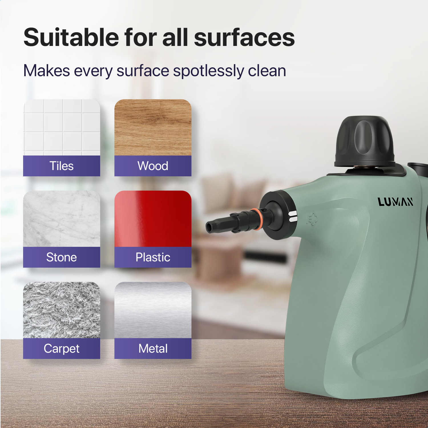 Viene mostrato un pulitore a vapore verde chiaro con sei tipi di superficie: piastrelle, legno, pietra, plastica, moquette, metallo.