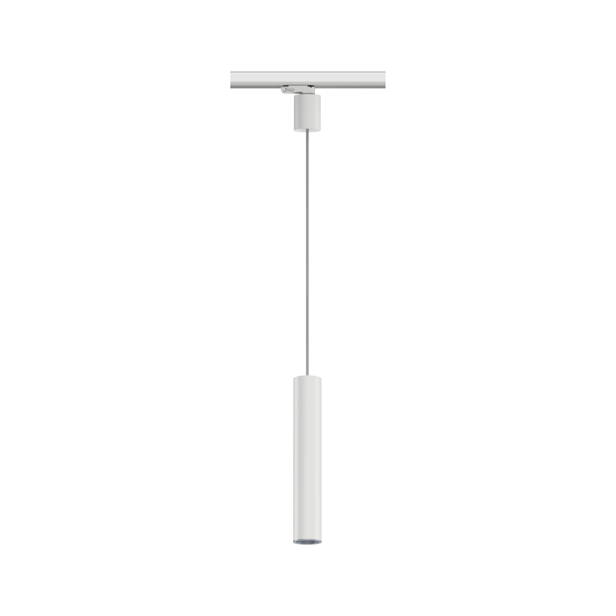Weiße Zylinderlampe hängt an einem Kabel von einer Schiene.