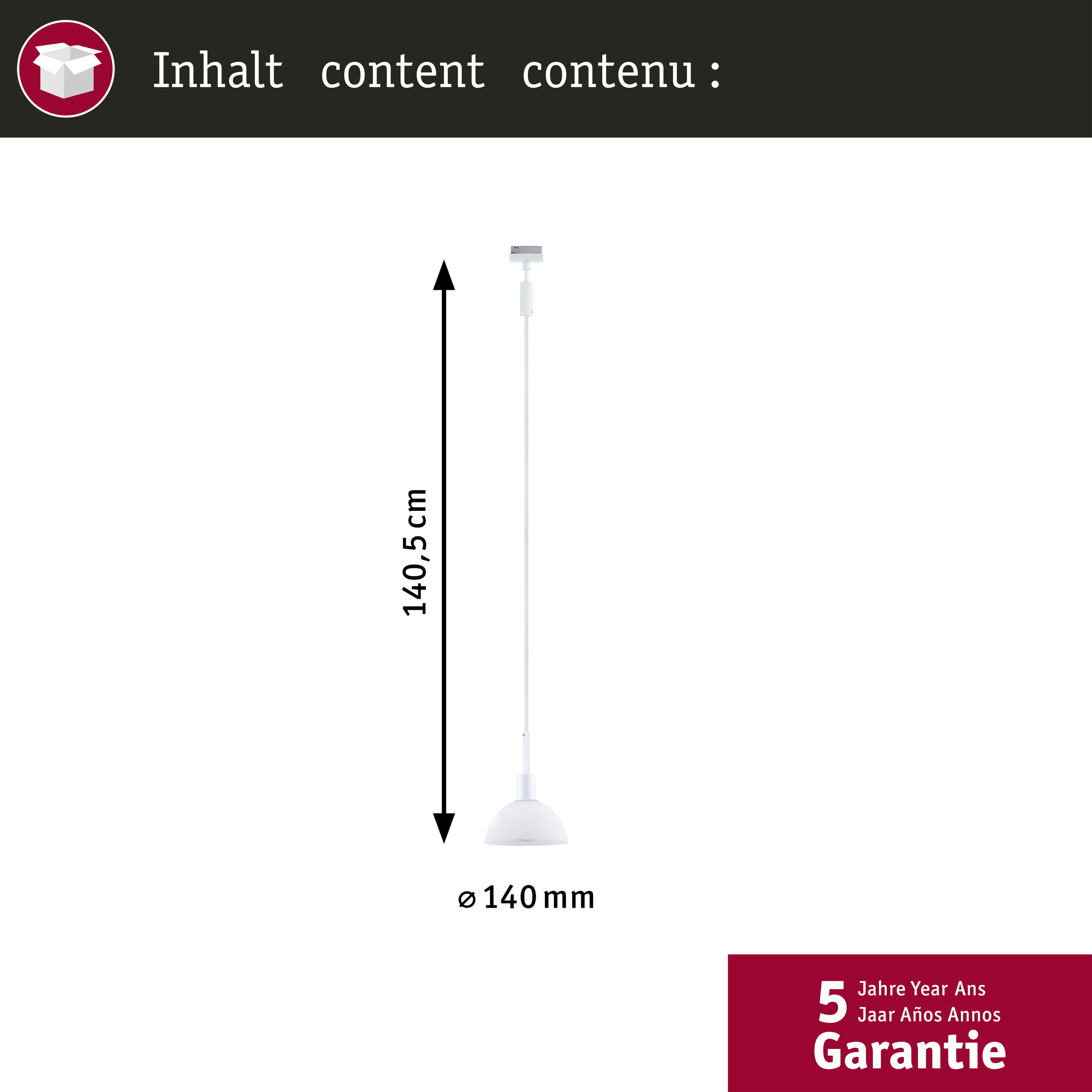 Eine weiße Pendelleuchte mit 140,5 cm Höhe und 140 mm Durchmesser.