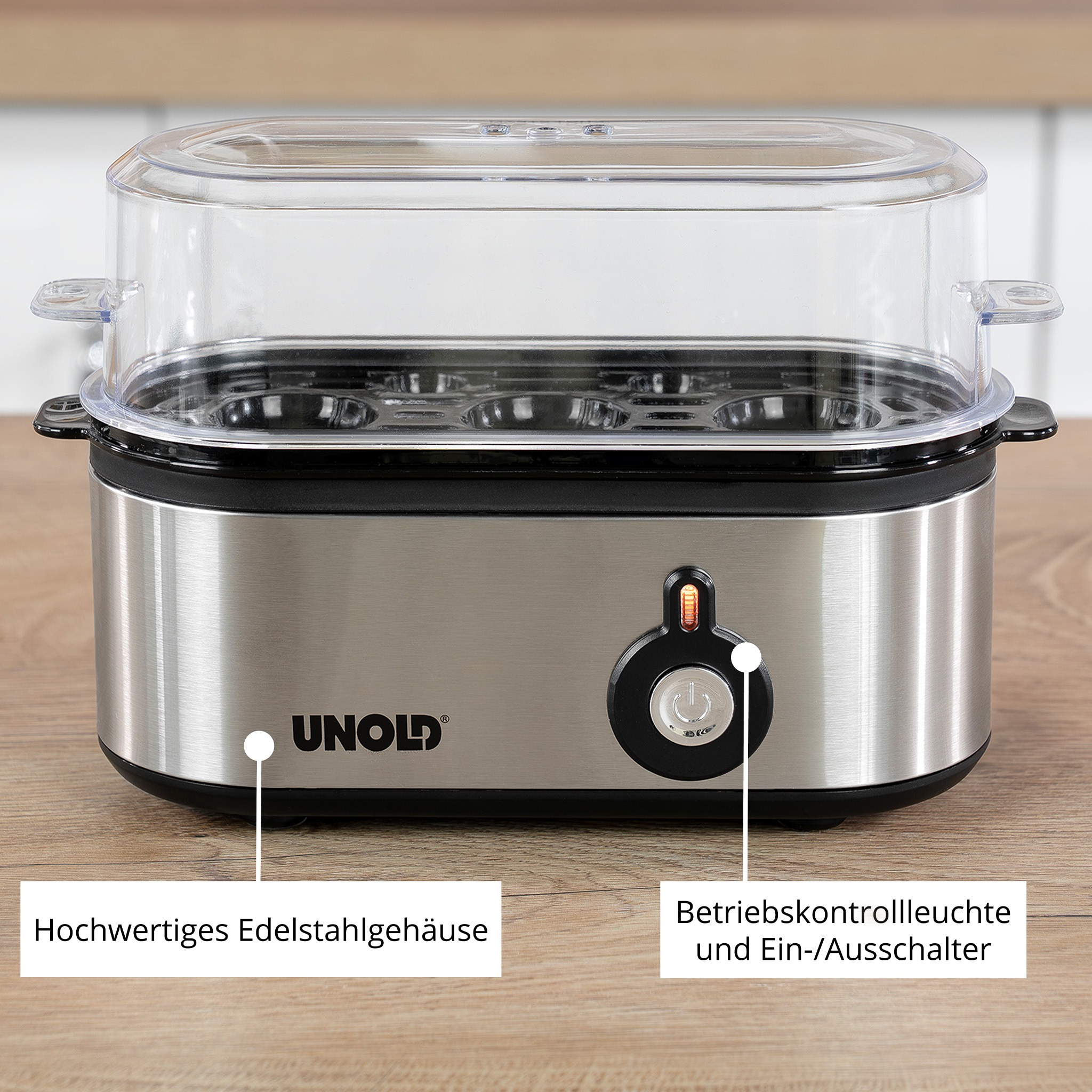 Jajowar Unold ze stali nierdzewnej z przezroczystą pokrywą i elementami sterującymi.