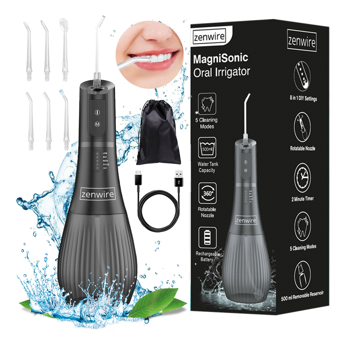 Czarny zestaw irygatora do jamy ustnej z dyszami, kablem i woreczkiem.