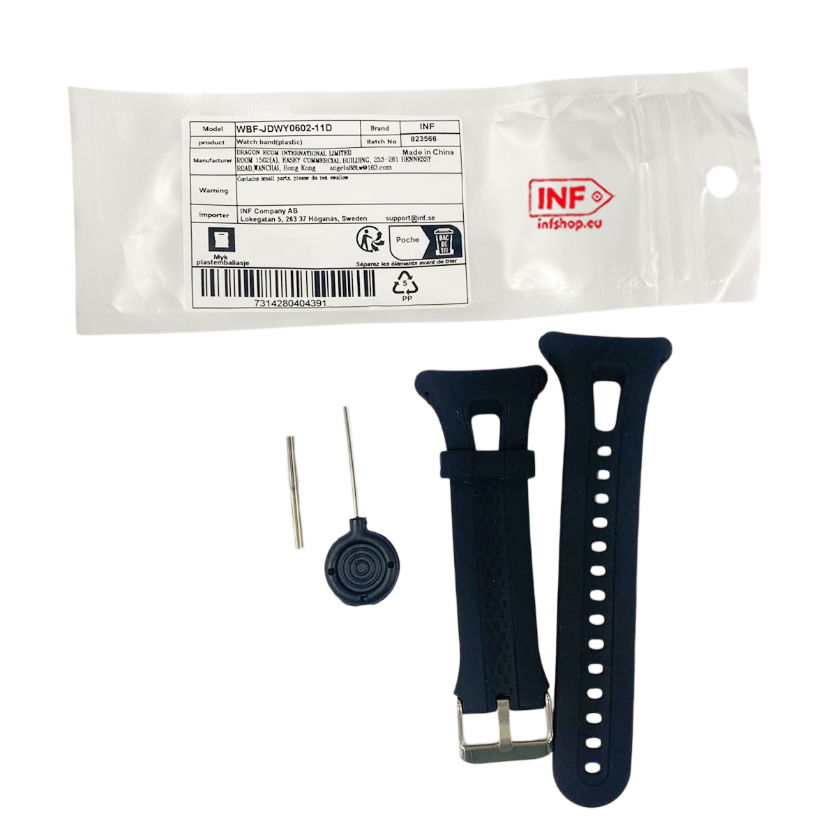 Czarny pasek do zegarka i narzędzia, z opakowaniem i etykietą.