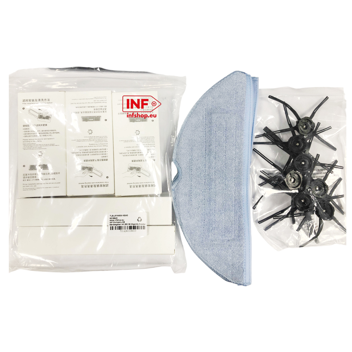 Akcesoria do czyszczenia odkurzacza robota: filtr, mop i szczotki.