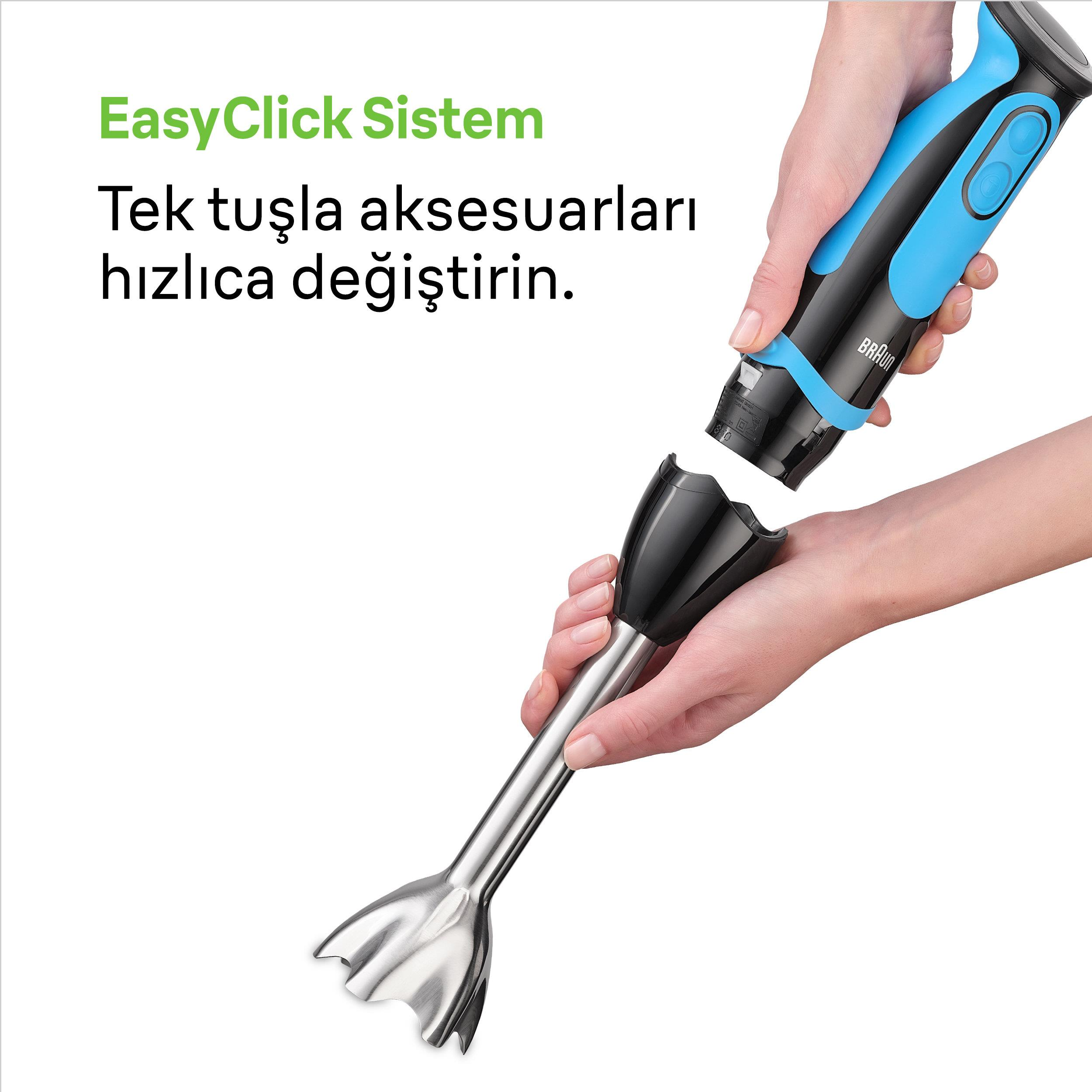 Bir el, mavi ve siyah el blenderini tutuyor, aparatını çıkarıyor.