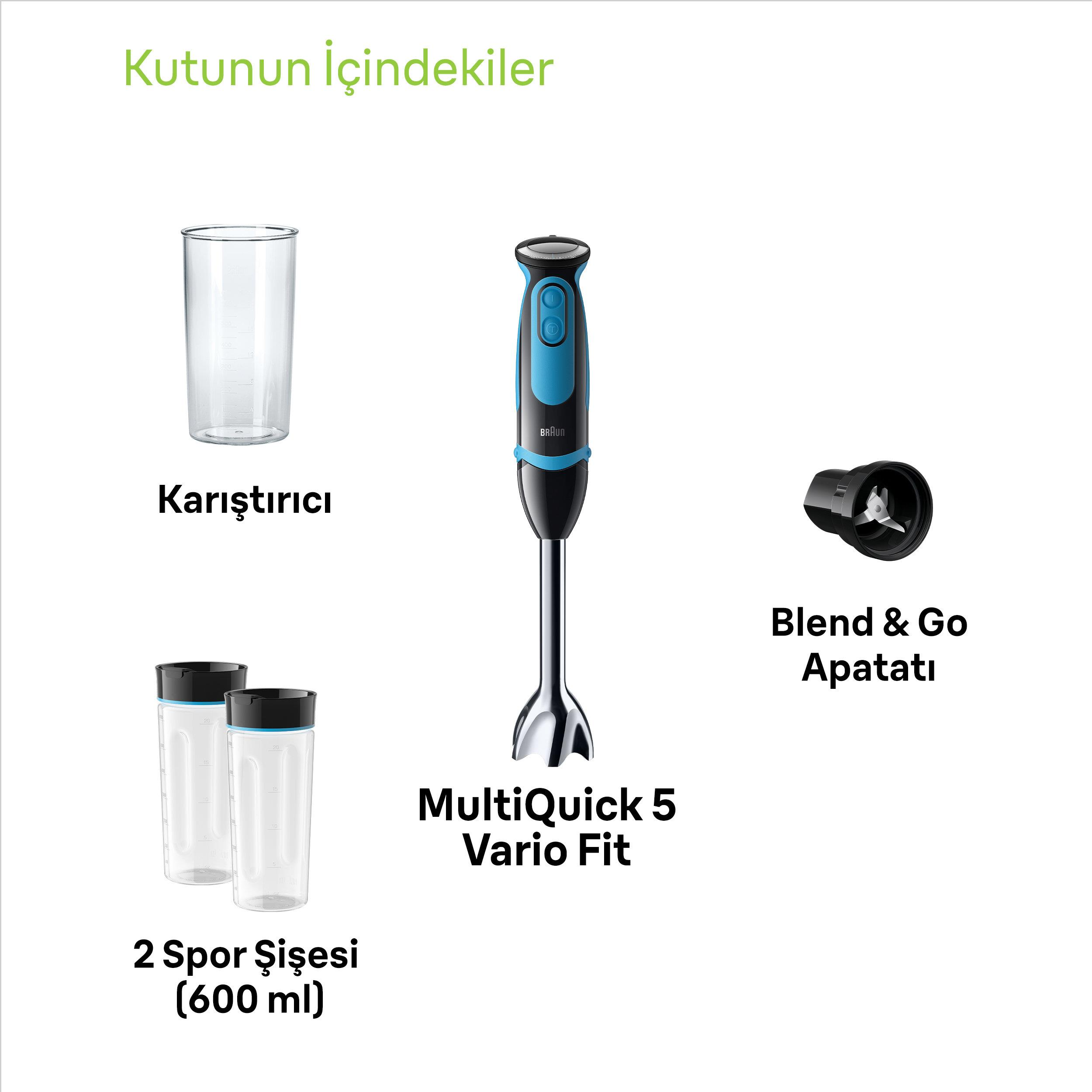 Aksesuarli el blenderi: ölçü kabı, iki şişe ve bıçaklı aparat.