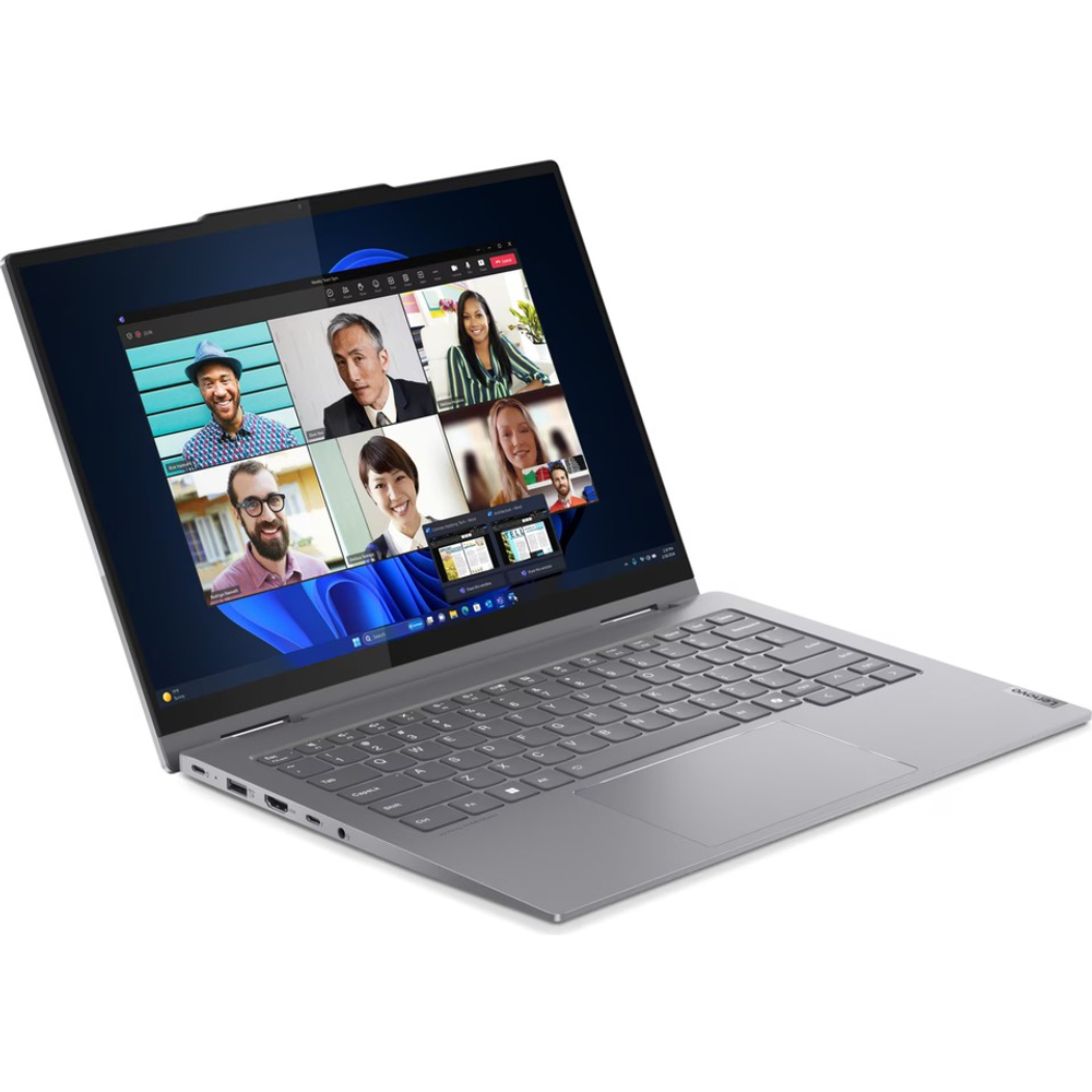 Altı kişilik görüntülü görüşme gösteren gri Lenovo dizüstü bilgisayar.
