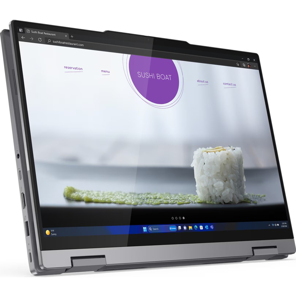 Dizüstü bilgisayar ekranında wasabili sushi rulosu. Sushi Boat Restaurant web sitesi.