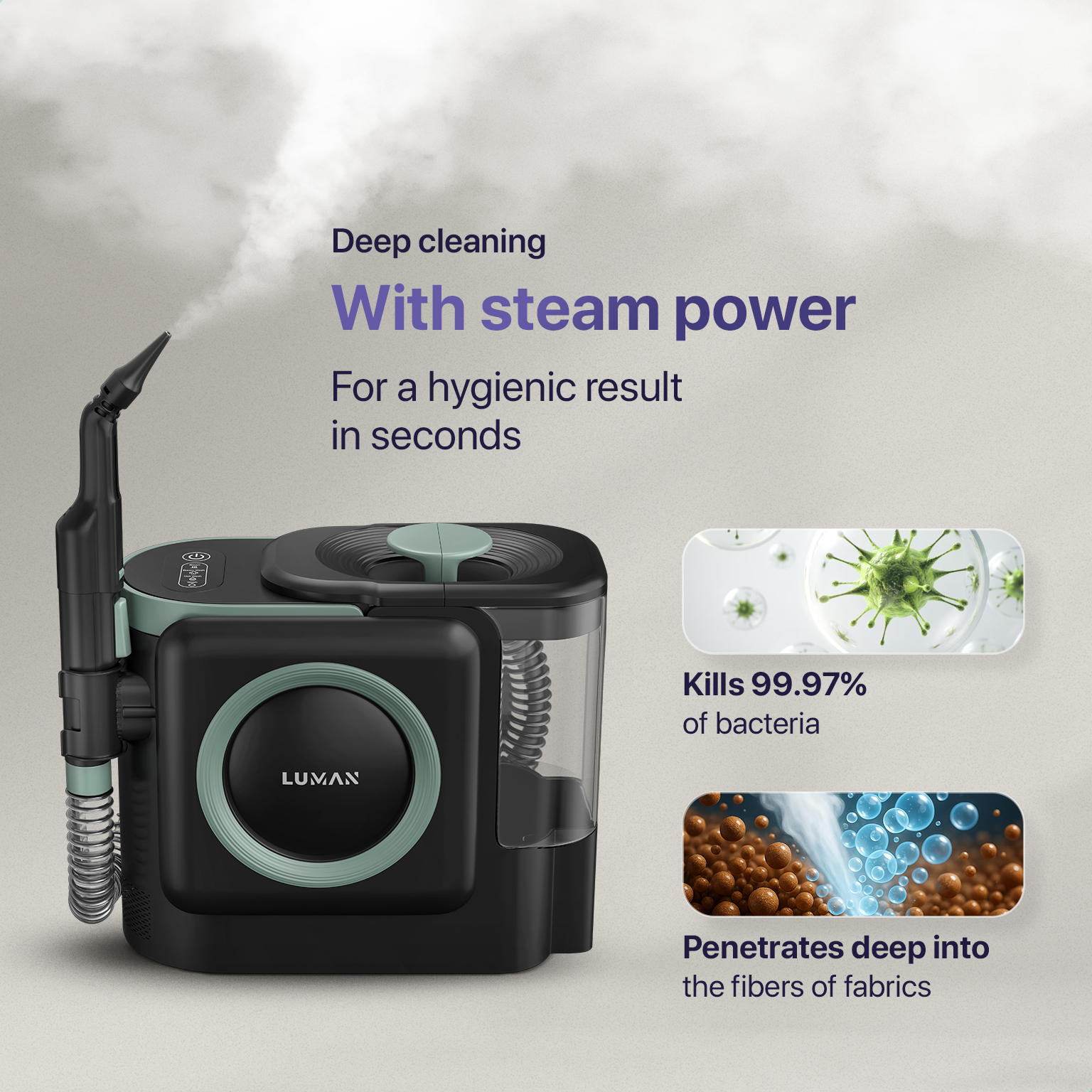 Un pulitore a vapore nero e verde emette vapore. Uccide il 99,97% dei batteri.