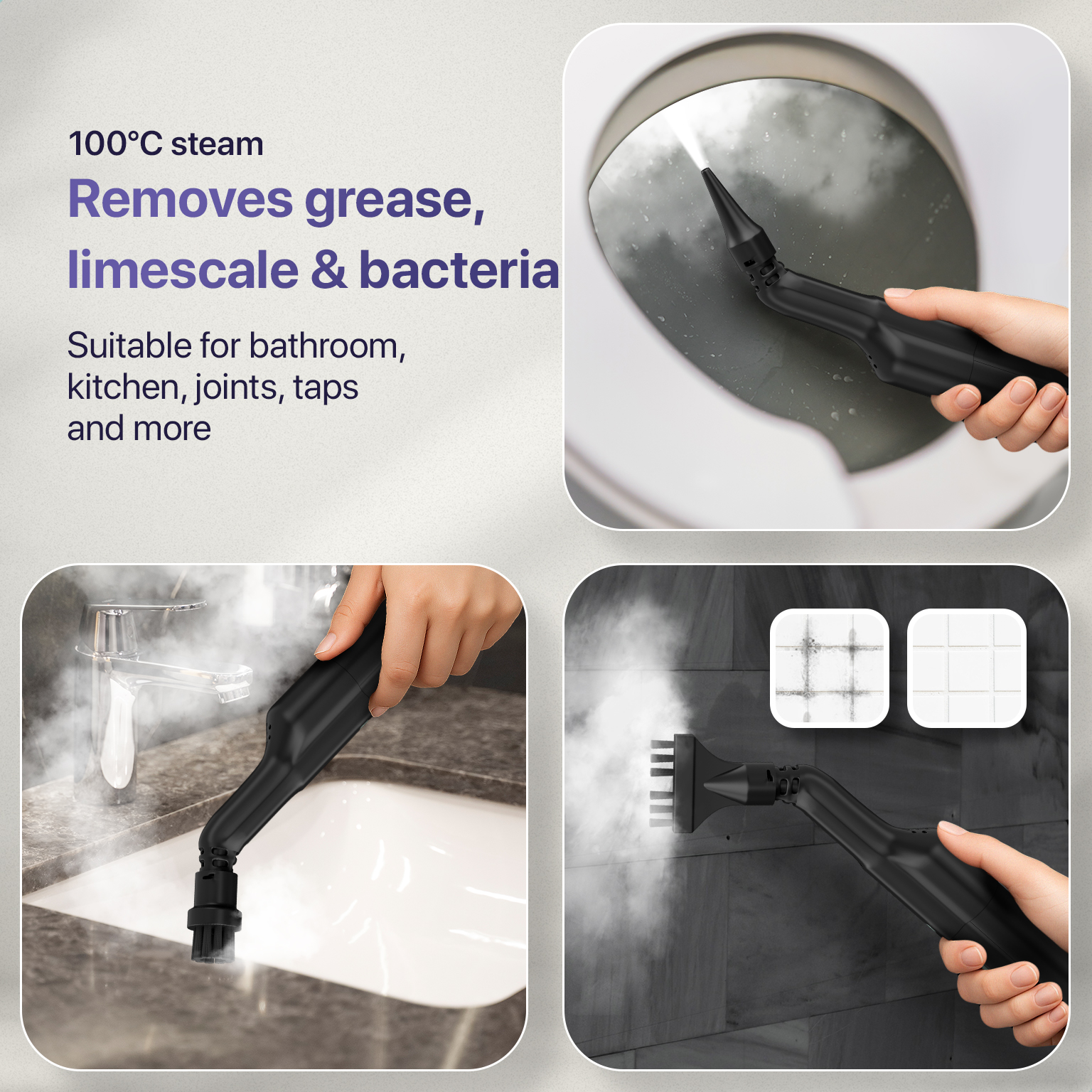 Pulitore a vapore pulisce WC, lavandino e piastrelle.