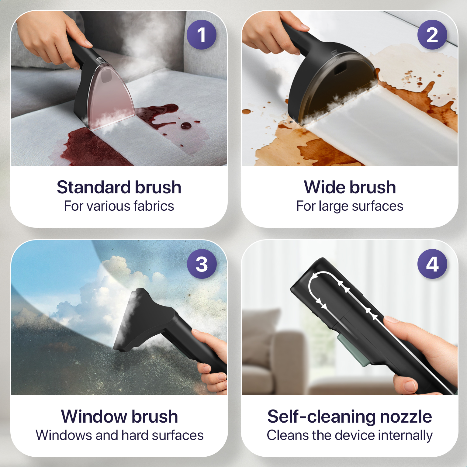 Quattro accessori per pulitore a vapore: standard, largo, finestra e ugello autopulente.