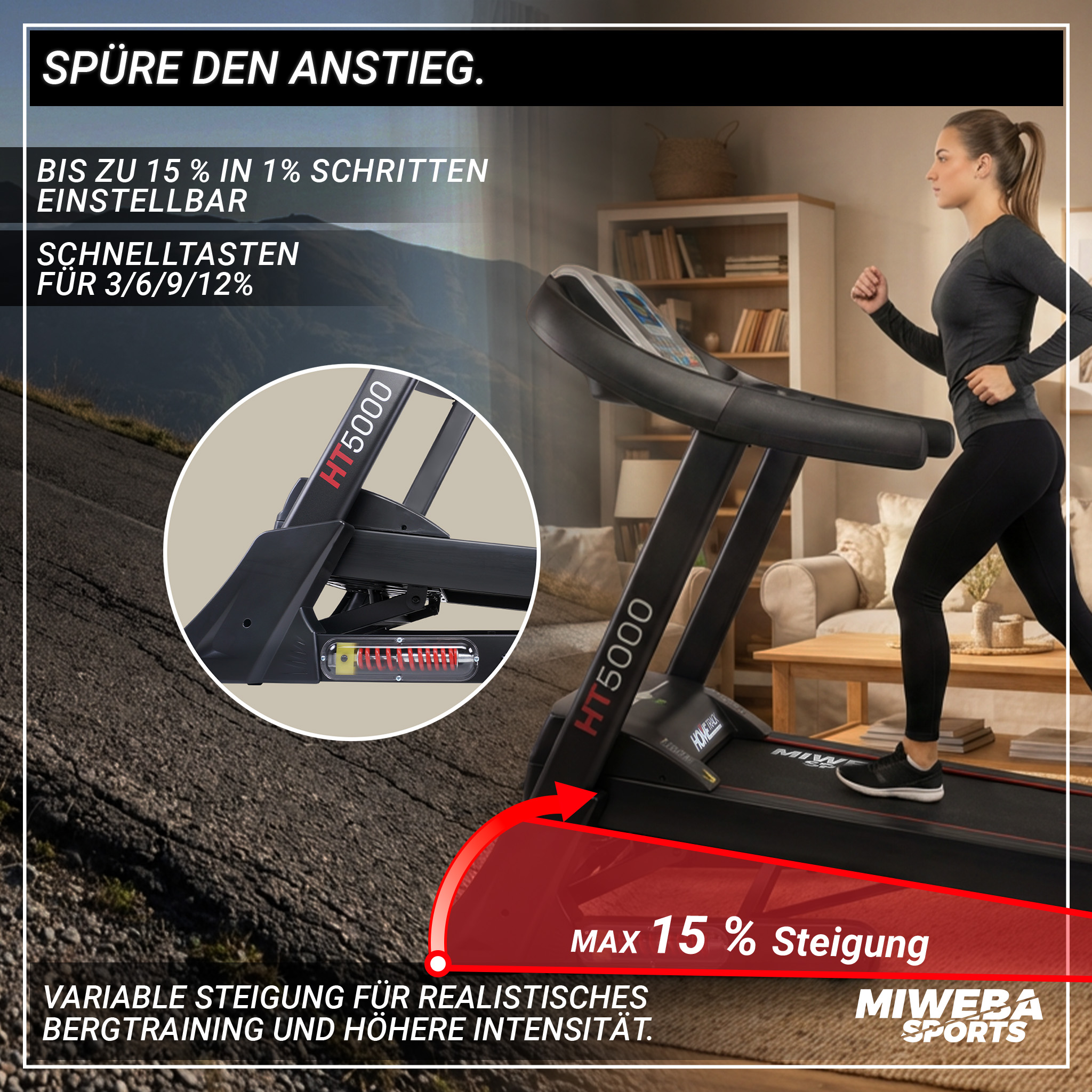 Frau läuft auf Laufband mit bis zu 15% Steigung, detaillierte Ansicht der Mechanik.