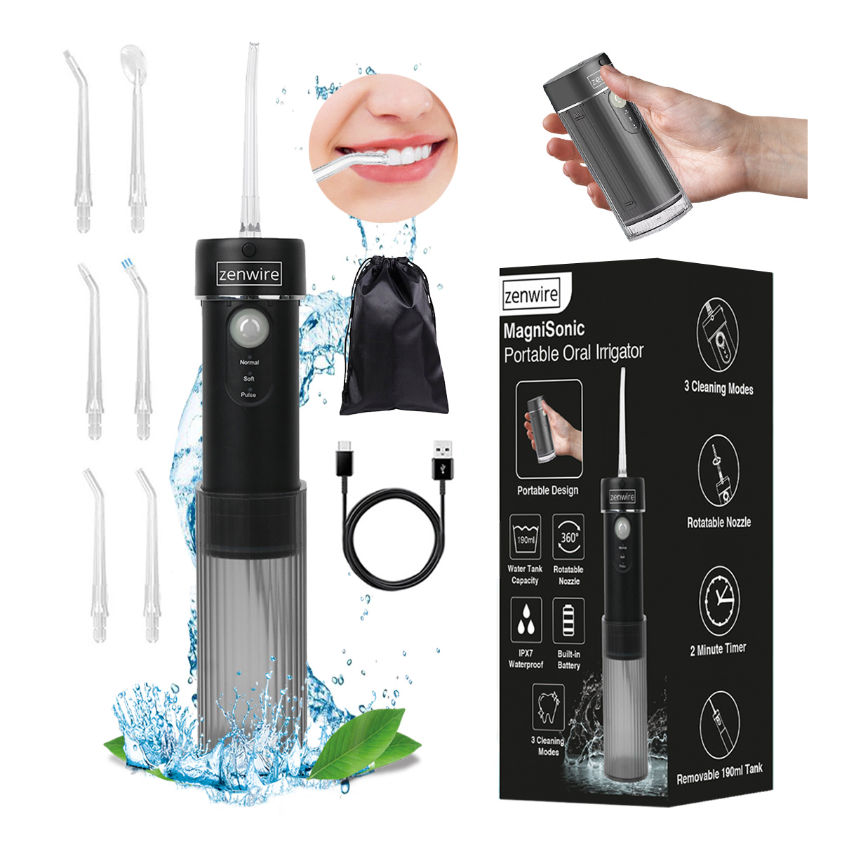 Przenośny irygator do ust z końcówkami, kablem ładującym i etui.